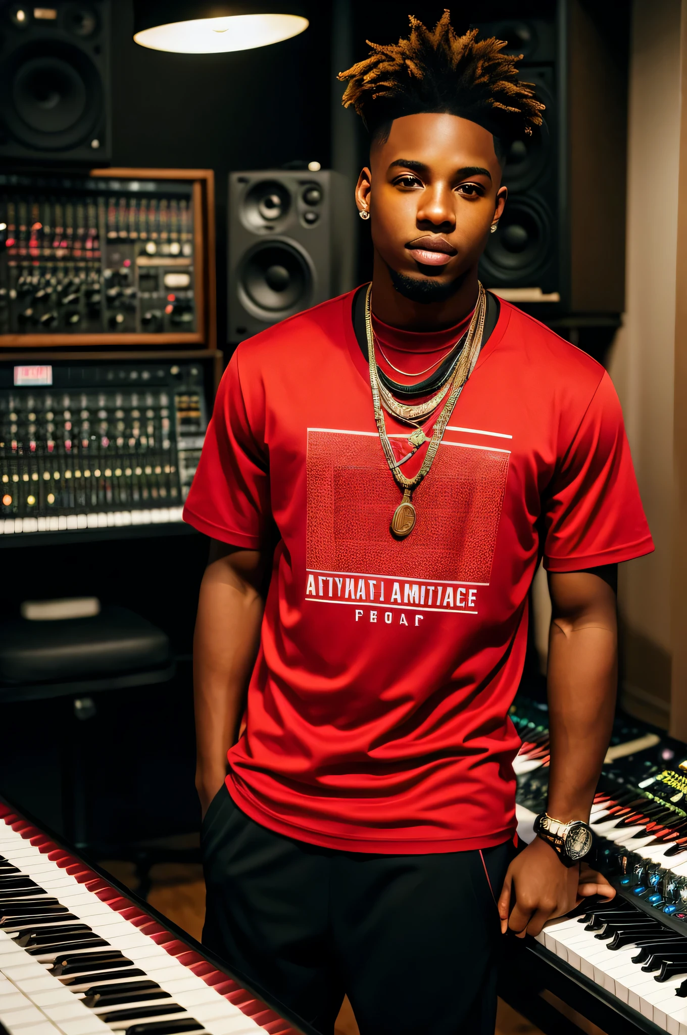 Name: Marcus Johnson Age: 17 Origin: Atlanta, Georgia, USA Ethnicity: African-American Personality Overview: In the heart of a buzzing music studio, Marcus's passion for Hip Hop becomes palpable. His outgoing and engaging personality shines as he collaborates with other artists, sharing insights and learning from the diverse talent around him. His dedication to music and growth as an artist is evident in his interactions and work ethic. Style & Appearance: In the studio, Marcus opts for a more relaxed yet creative attire. He dons a soft, graphic tee paired with comfortable cargo pants and high-top sneakers, a nod to his artistic inclinations and the practicality needed in the creative process. Accessories like a beaded necklace and a bandana tied around his wrist add personal touches to his look. Context: Surrounded by mixing boards, microphones, and fellow music creators, Marcus immerses himself in the studio environment. This space is a crucible for his creativity, where his dreams of making a mark in the Hip Hop world take shape. Each session is a step closer to realizing his aspirations, blending his unique voice with the rich tapestry of sounds that define the genre.