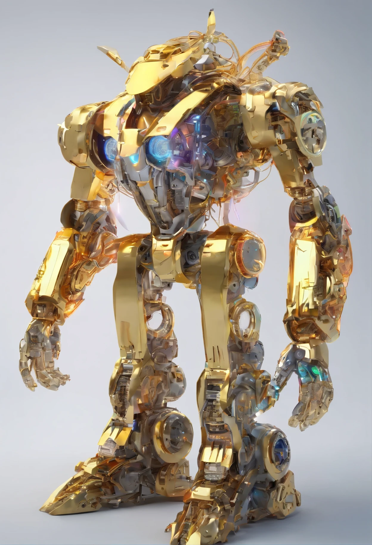 best quality, super fine, 16k, incredibly absurdres, extremely detailed, translucent AI robot made of lots of chrome, silver and gold plated gears and neon light wiring