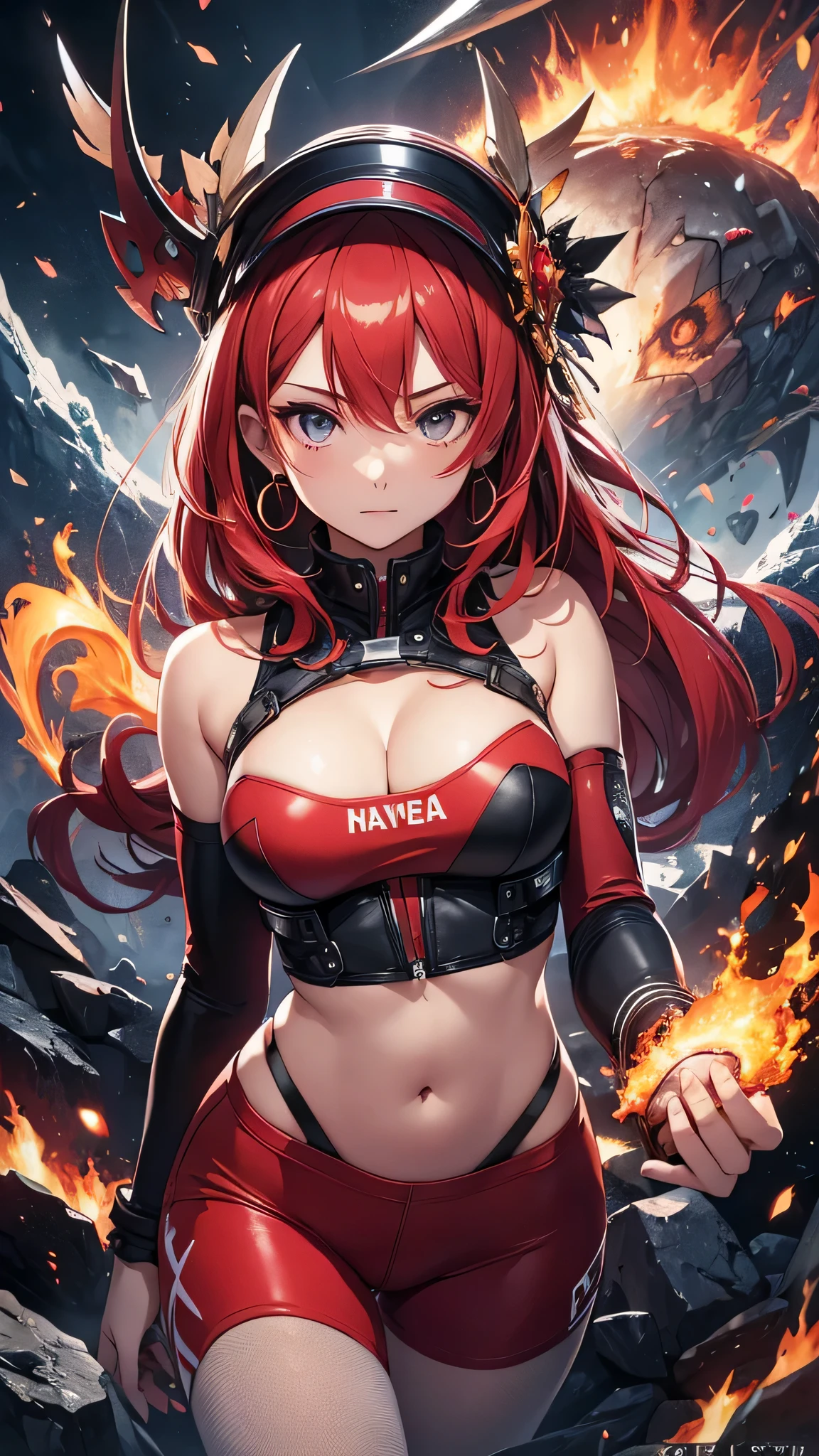 最high quality、best image quality、masterpiece、girl((20-year-old、 By becoming、vest bust、medium bust,wide open breast tea、shining eyes, glowing red hair、long hair、thin,highest valley、red sports bra、Red sports pants,Ruby Earrings、Wristband、black gloves、hero pose)),high quality、beautiful art、background((inflammation、volcano、magma、eruption、meteorite))、Flight、debris flies、Depth of written boundary、movie、visual art、perfect art、8K,genuine、