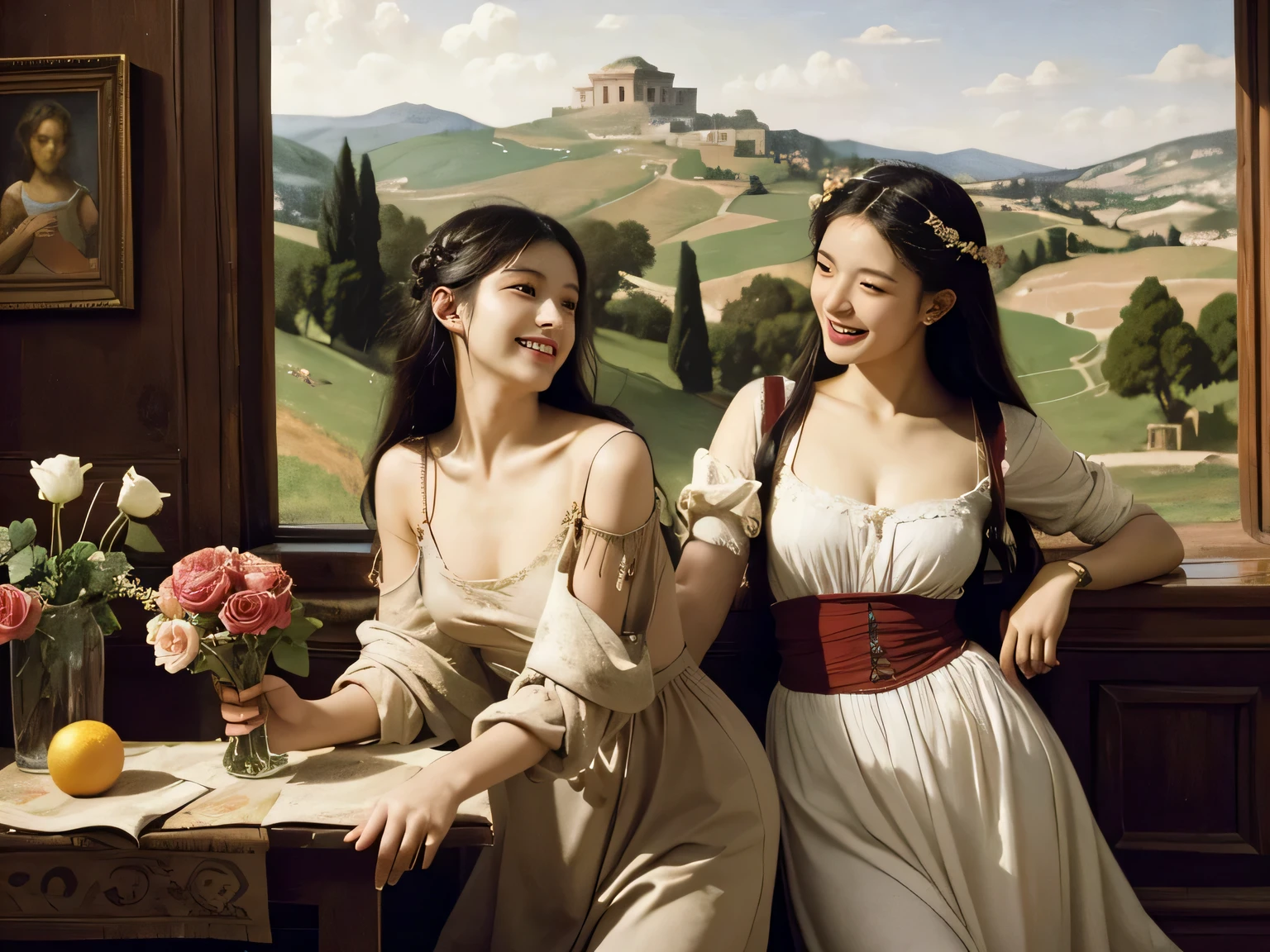 Giorgione painting style,Arguments of two female Philosophe,math、astronomical machine、astronaut、roses in vase、fruits、Cute trinkets、smile、ancient greek costume、Ancient Roman landscape in the style of Nicolas Poussin,laughter,,Sweet and seductive appearance.、Caravaggio's paintings、Chiaroscuro of Caravaggio、hair tousled by the wind,Two women frolicking,cute smile, expression of ecstasy,Sexy,erotic