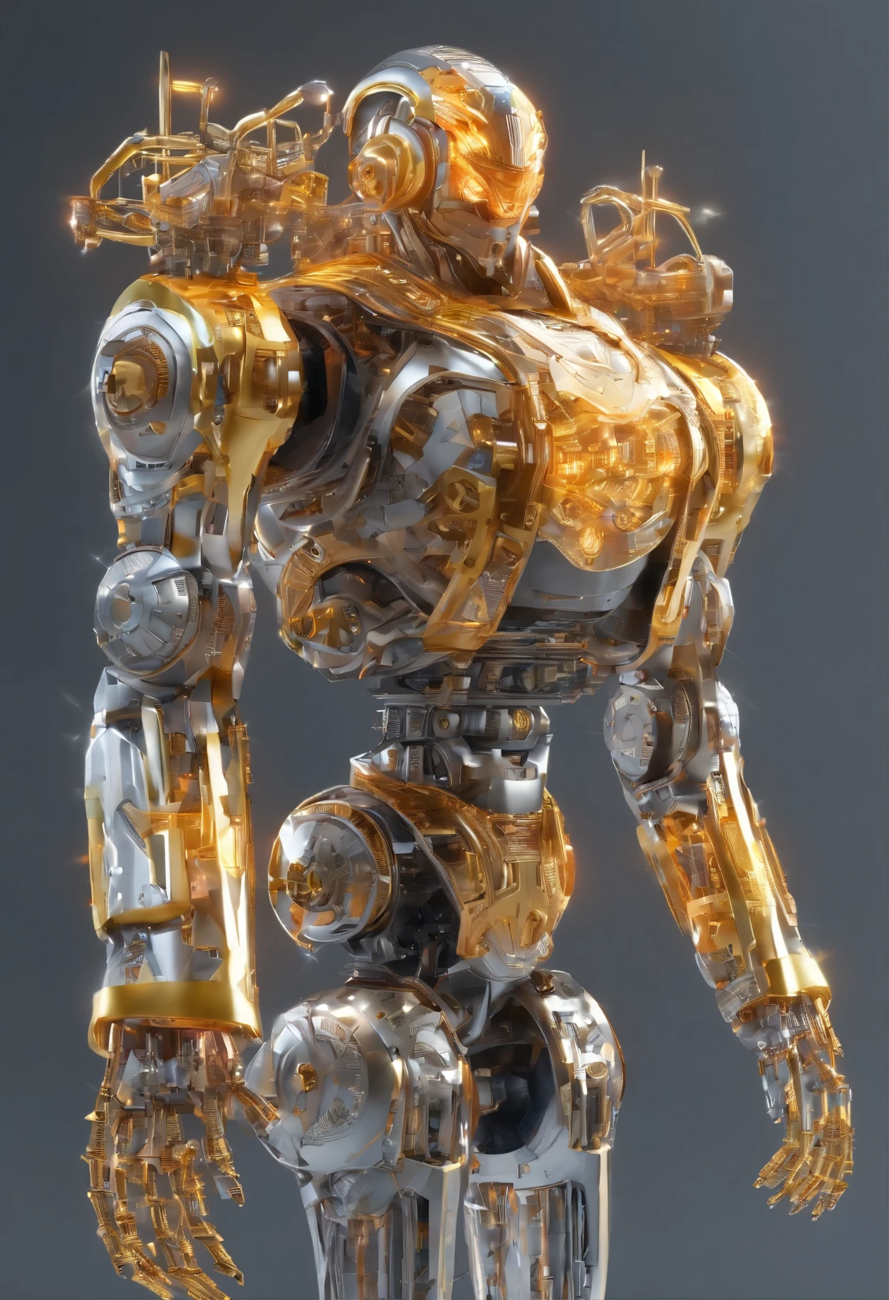 best quality, super fine, 16k, incredibly absurdres, extremely detailed, translucent AI robot made of lots of chrome, silver and gold plated gears and neon light wiring