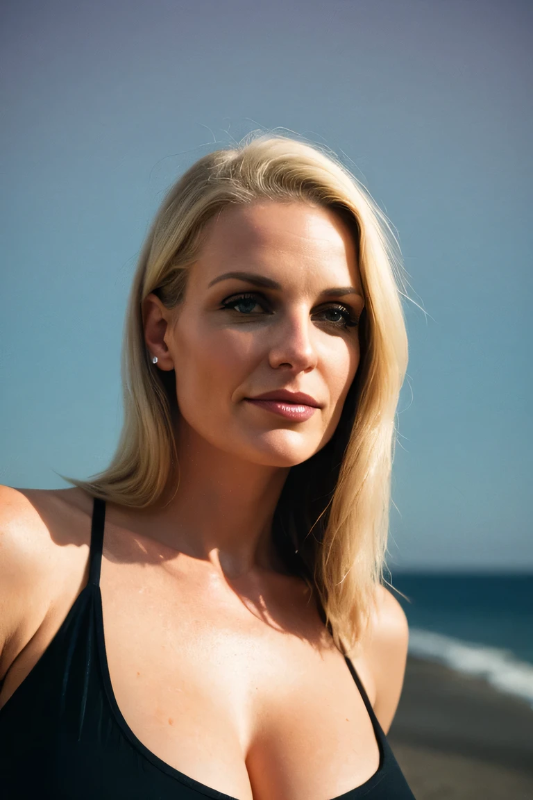 super sweet woman, 35 Jahre alt, Larissa Alto, reifen, big , (sagging breasts:1.2), blonde Haare:1.2, (Linseneffekt:0.7), (Cross-Processing), (filmische Beleuchtung:1.1), taken on a hasselblad medium format camera, mit Cinestill 800T Film, Filmkorn, grainy, muted colors, sitzt in der Hocke