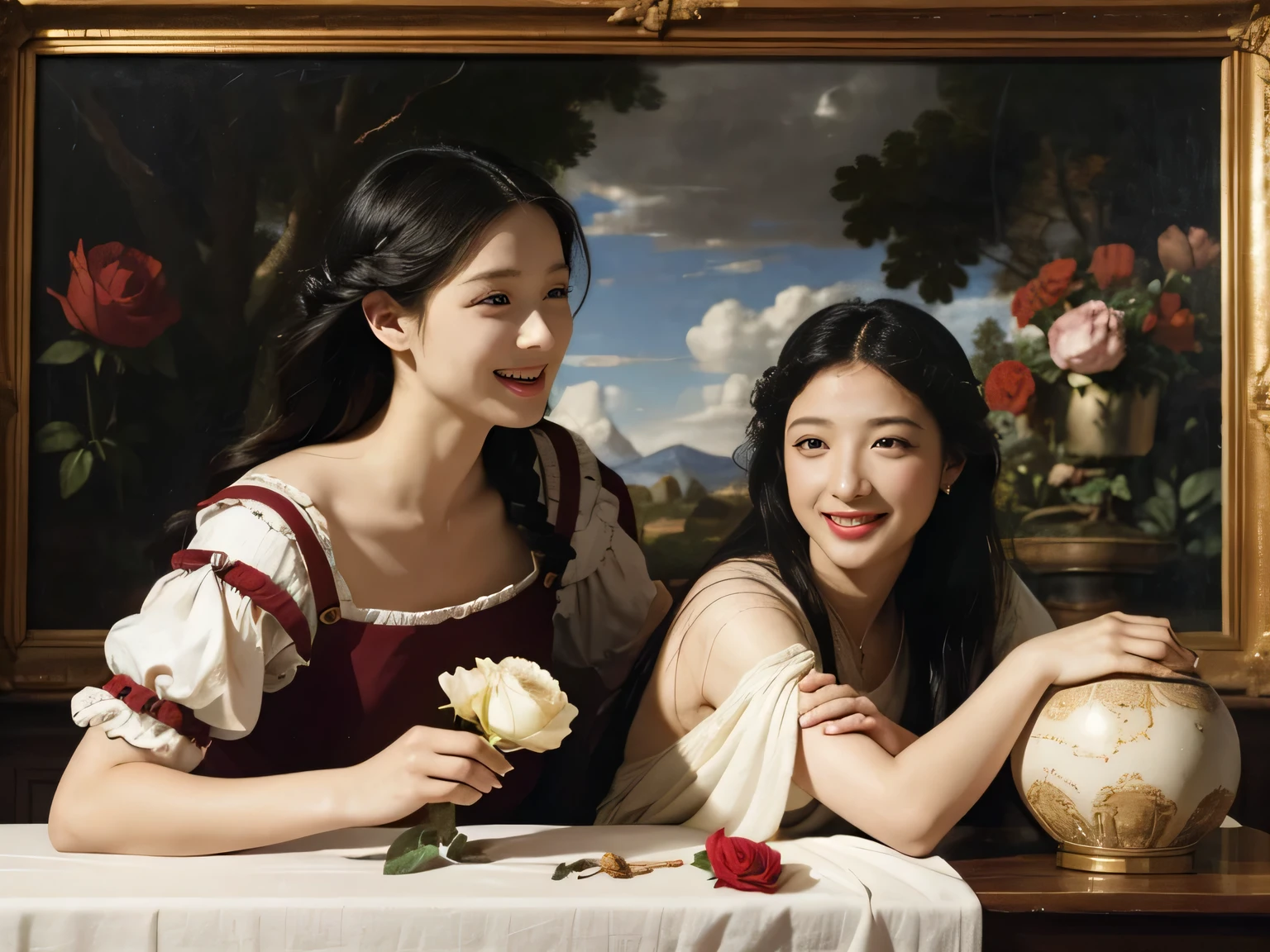 Giorgione painting style,Arguments of two female Philosophe,math、astronomical machine、astronaut、roses in vase、fruits、Cute trinkets、smile、ancient greek costume、Ancient Roman landscape in the style of Nicolas Poussin,laughter,,Sweet and seductive appearance.、Caravaggio's paintings、Chiaroscuro of Caravaggio、hair tousled by the wind,Two women frolicking,cute smile, expression of ecstasy,Sexy,erotic