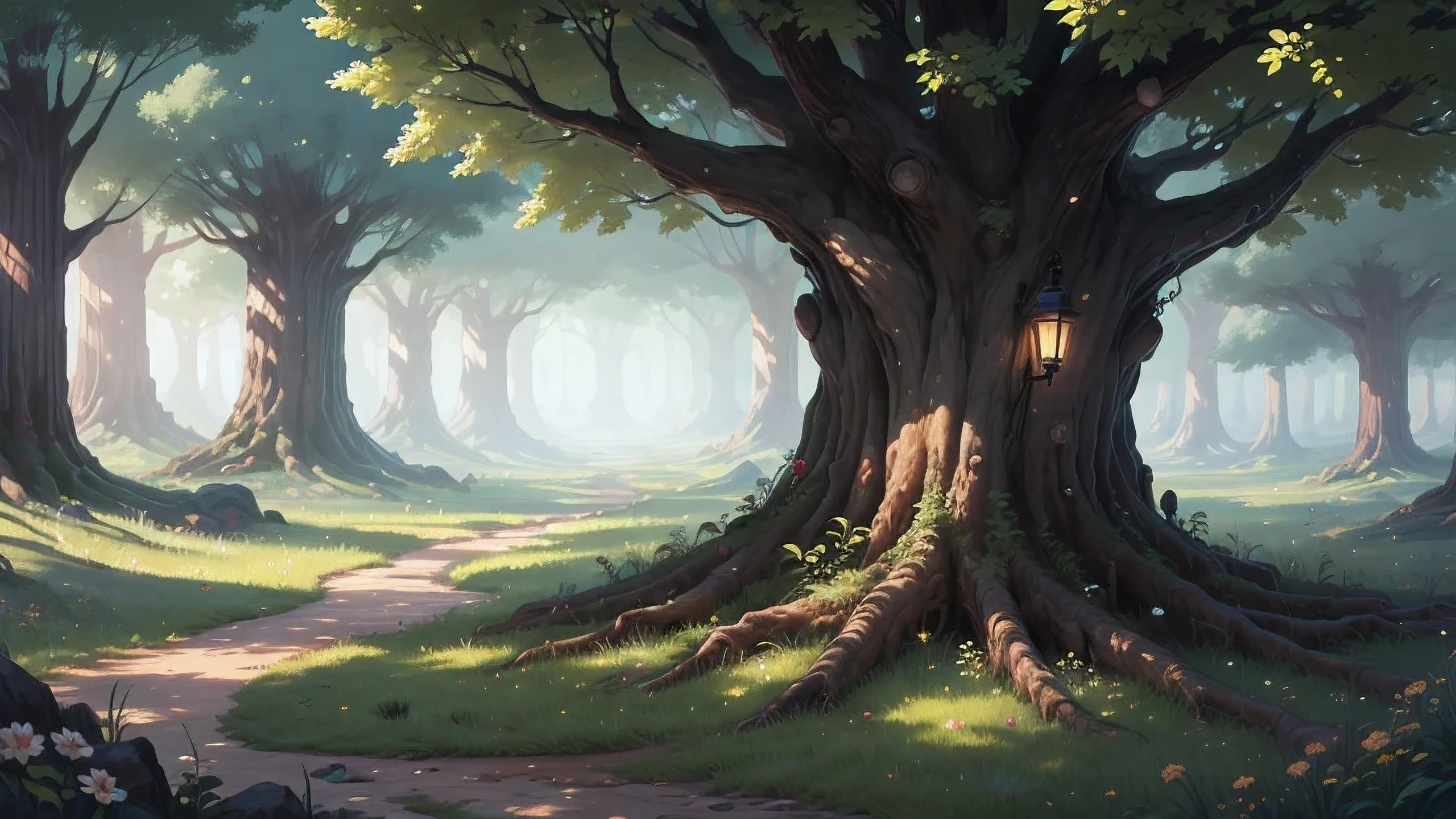 cartoon, detailed, forest, (magic forst: 1.1), for childern, big tree, green, grass, one tree on foreground, 