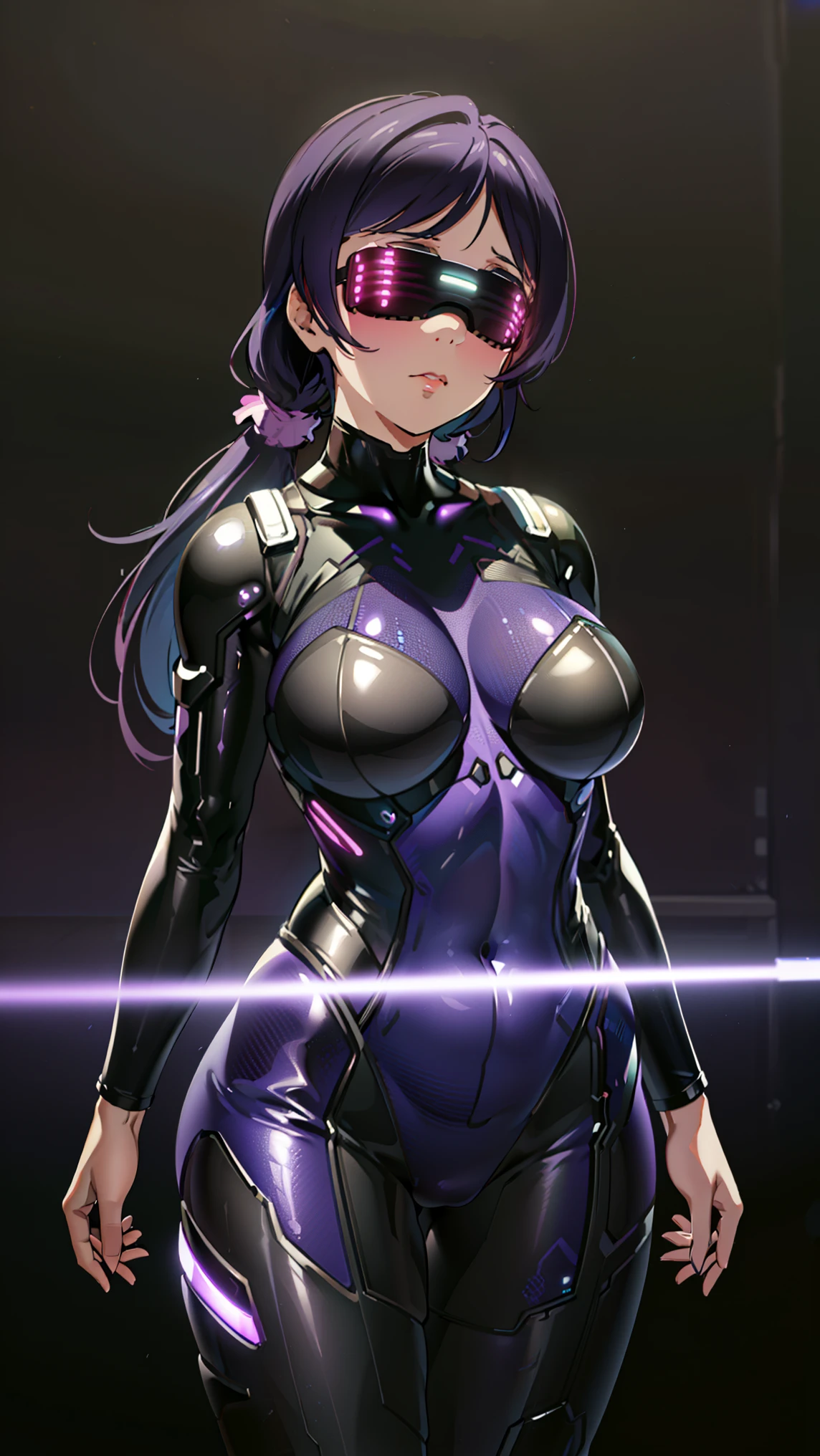 1 girl,NSFW,Nozomi Tojo, (lovelive), VR visor, clavicle, absurd, brainwashing,Combatant, empty eyes,((purple glowing eyes 1.8)), ( huge breasts 1.2 ), ((stand up, Standing in honor)), No expression, emotions removed,((black bodysuit)),look away , whole body shape,(highest quality、4k、8K、High resolution、must have:1.2)、Super detailed、(reality、It&#39;s realistic、realistic:1.37)、ticker、hyper hd、studio lighting、ultra definition paint、sharp focus、Physically based rendering、extreme details、Professional specifications、vibrancy and color、blurry、sports portrait、landscape、horror style、anime big breasts、SF、photograph、concept artist、five fingers, perfect body,  {{{masterpiece}}}, {{{highest quality}}}, {{Super detailed}}, {shape}, {{very delicate and beautiful}},Improved cost performance、all roles、Canon 5D MK4でphotograph、photograph, 