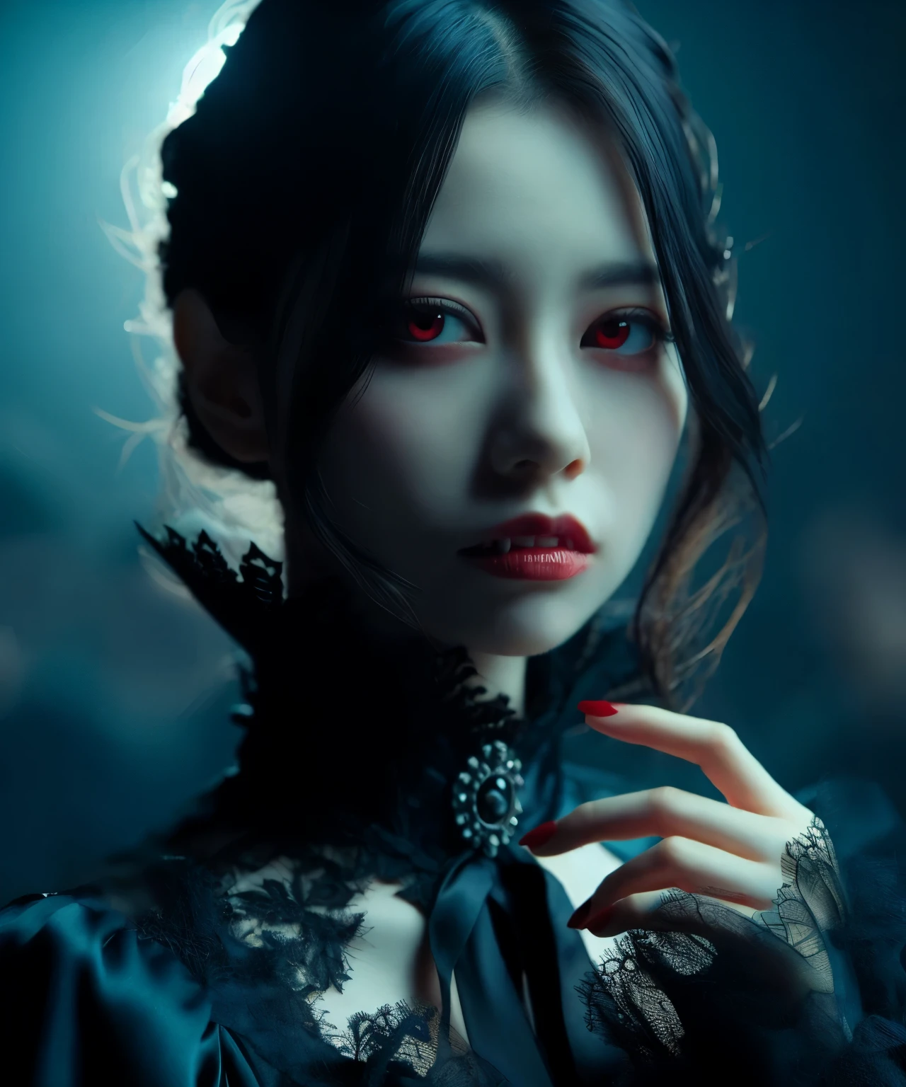 (red glowing eyes), masterpiece, depth of field, There is a woman wearing a black dress and red lipstick, cruel goth girl, androgynous vampire, Lutz, Gwaites style artwork, gothic aesthetics, dark vampire, vampire girl, A fusion of dark fantasy and realism, 20 year old goth girl, Loish and clamp styles, Portrait of a female vampire