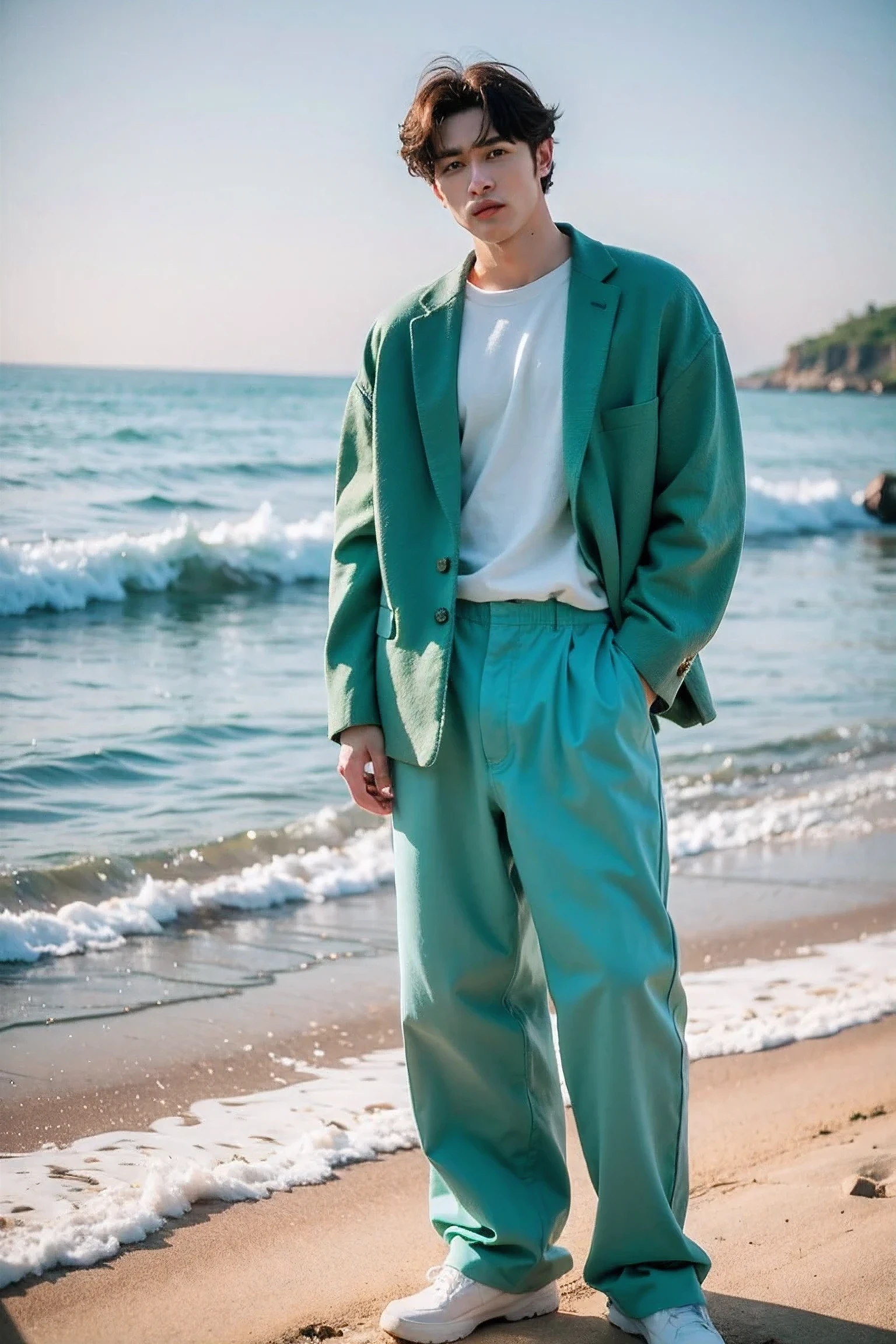 Realistic Photography, Handsome Men ,Green loose pants clothing , Standing ,beach