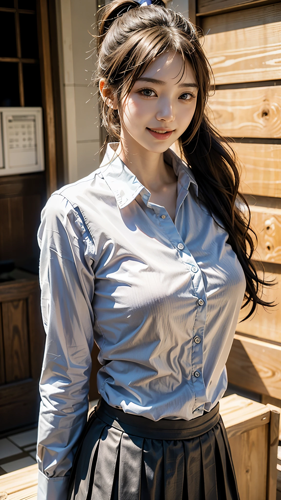 beautiful japanese woman、1 person,とても美しくてthin、outstanding style 、super high quality、very delicate face, skin and hair、top ponytail hair、Cute dimples、straggling hair,light brown hair、Blouses and pleated skirts、Cover your chest with your arms、Asakusa、8K image、Very cute Japanese face、thin、medium breasts、The eyes and nose stand out clearly、kind eyes、(I'm showing my teeth and smiling)、