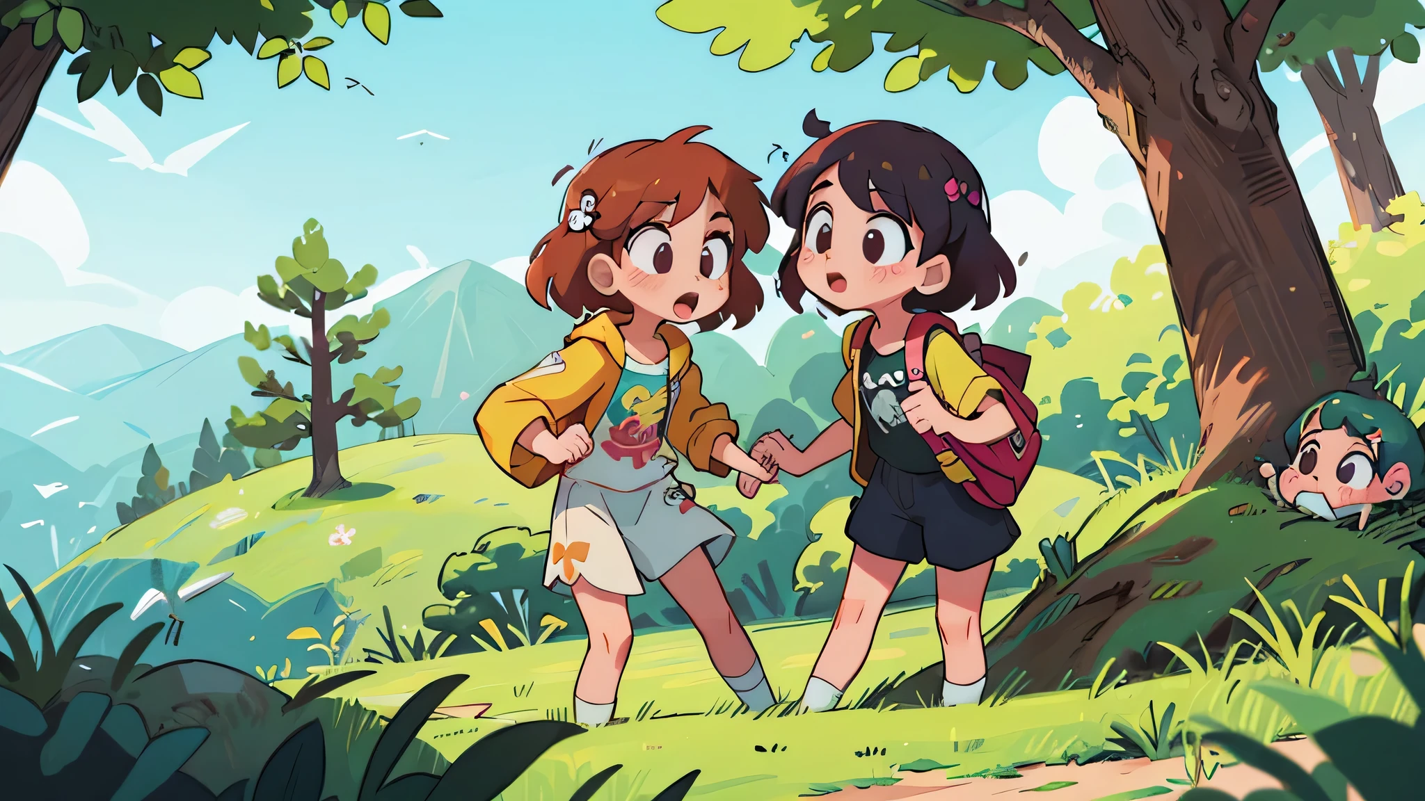 one of the twins behind the tree and the other looking for it - (Two brunette twins, de 5 anos, roupas rosa) Elas aprendem sobre as cores enquanto pintam e exploram o mundo ao seu redor.