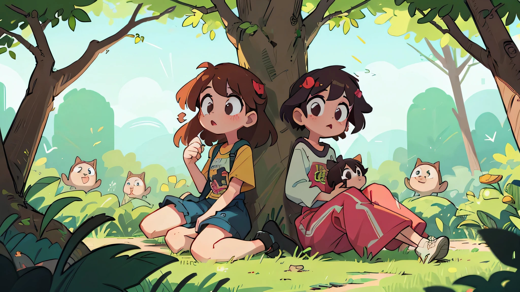 one of the twins behind the tree and the other looking for it - (Two brunette twins, de 5 anos, roupas rosa) Elas aprendem sobre as cores enquanto pintam e exploram o mundo ao seu redor. 