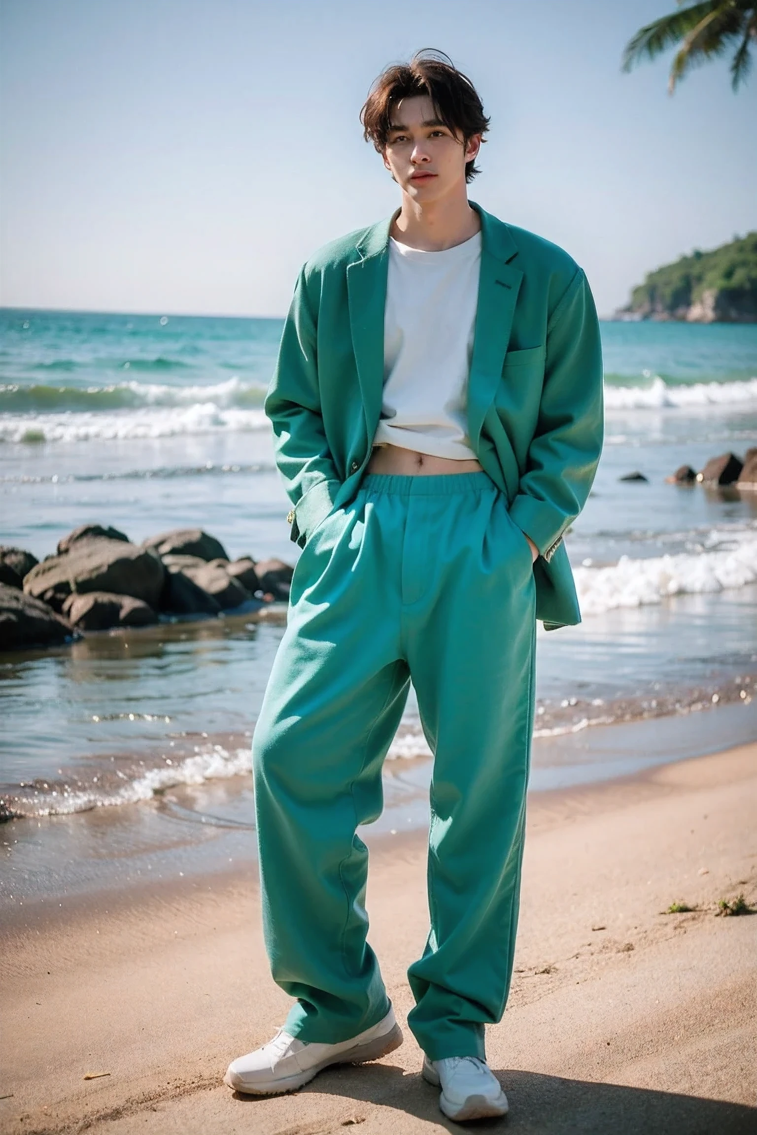 Realistic Photography, Handsome Men ,Green loose pants clothing , Standing ,beach