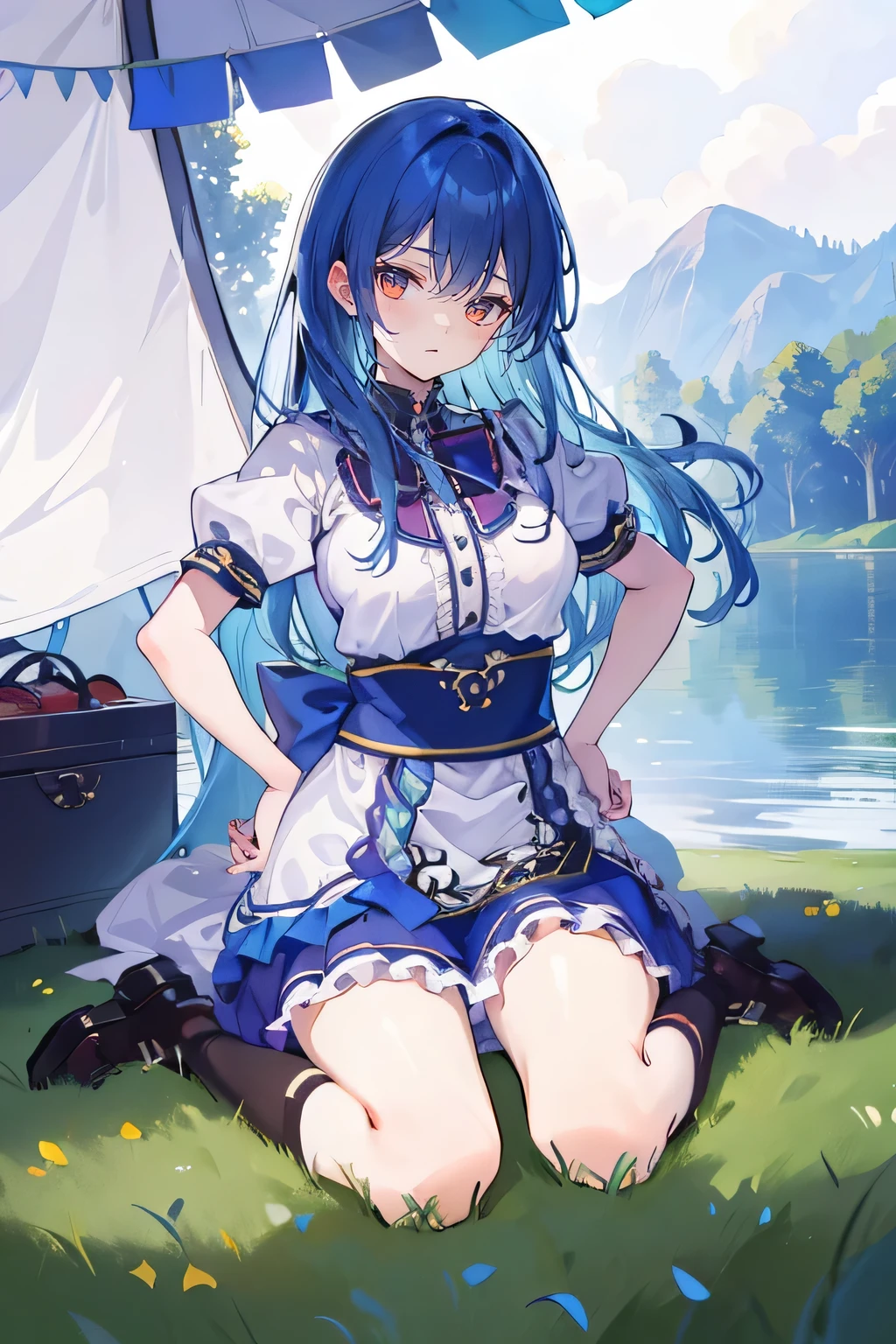 (masterpiece),best quality, expressive eyes, perfect face, 1girl,
big breasts, H cup, Good breasts, Put your hands on your waist,Fair, Gorgeous,japanese manga,girl,Laura,young angel, blue hair, blue haired,tent , tent chest, tent breast, floating clothes,grab your waist, grab your waist, hands on hips , hands on hips,sit, sit on ground, legs on the ground