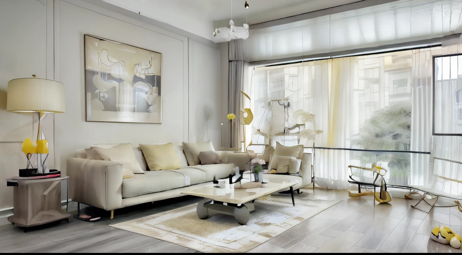 living room, modern, bright, cream color, gray wooden floor, translucent curtains, yellow table lamp, modern wall painting