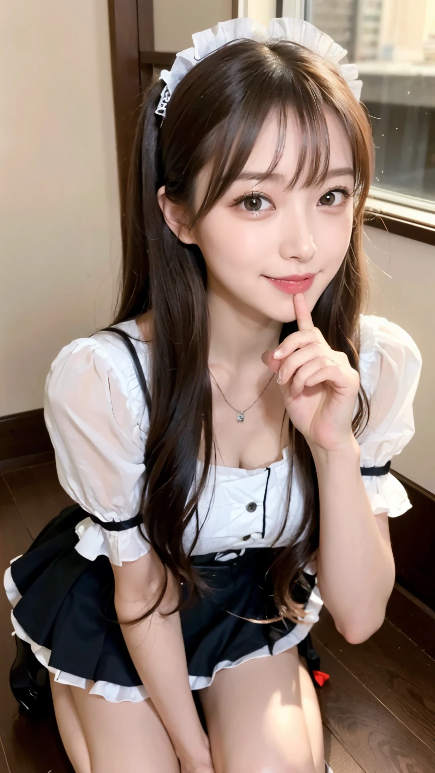 (((medium hair))), highest quality, 8K, nffsw, High resolution, absurd:1.2, photograph, (RAWphotograph:1.2), (Photoreal:1.4), (masterpiece:1.3), 1 girl, alone, japanese girl, delicate and beautiful details, (detailed eye), (detailed facial features), (highest quality:1.4), (超A High resolution:1.2), (highly detailed diagram), (lip gloss、highest quality、超A High resolution、1 girl、alone、Nogizaka 私dol、fiery idol pose、maid Cafe、Various poses are cute、girl、Maid clothes,best smile,laughter、Maid clothes、lace ruffles、Kneel with the balls of your feet on the floor、Sit on heels,Pause Request,