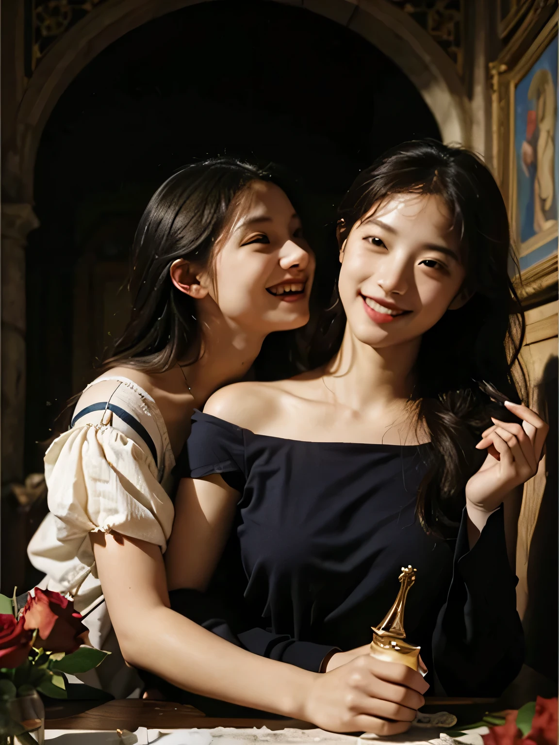 Giorgione painting style,Arguments of two female Philosophe,math、astronomical machine、astronaut、roses in vase、fruits、Cute trinkets、smile、ancient greek costume、Ancient Roman landscape in the style of Nicolas Poussin,laughter,,Sweet and seductive appearance.、Caravaggio's paintings、Chiaroscuro of Caravaggio、hair tousled by the wind,Two women frolicking,cute smile, expression of ecstasy,Sexy,erotic