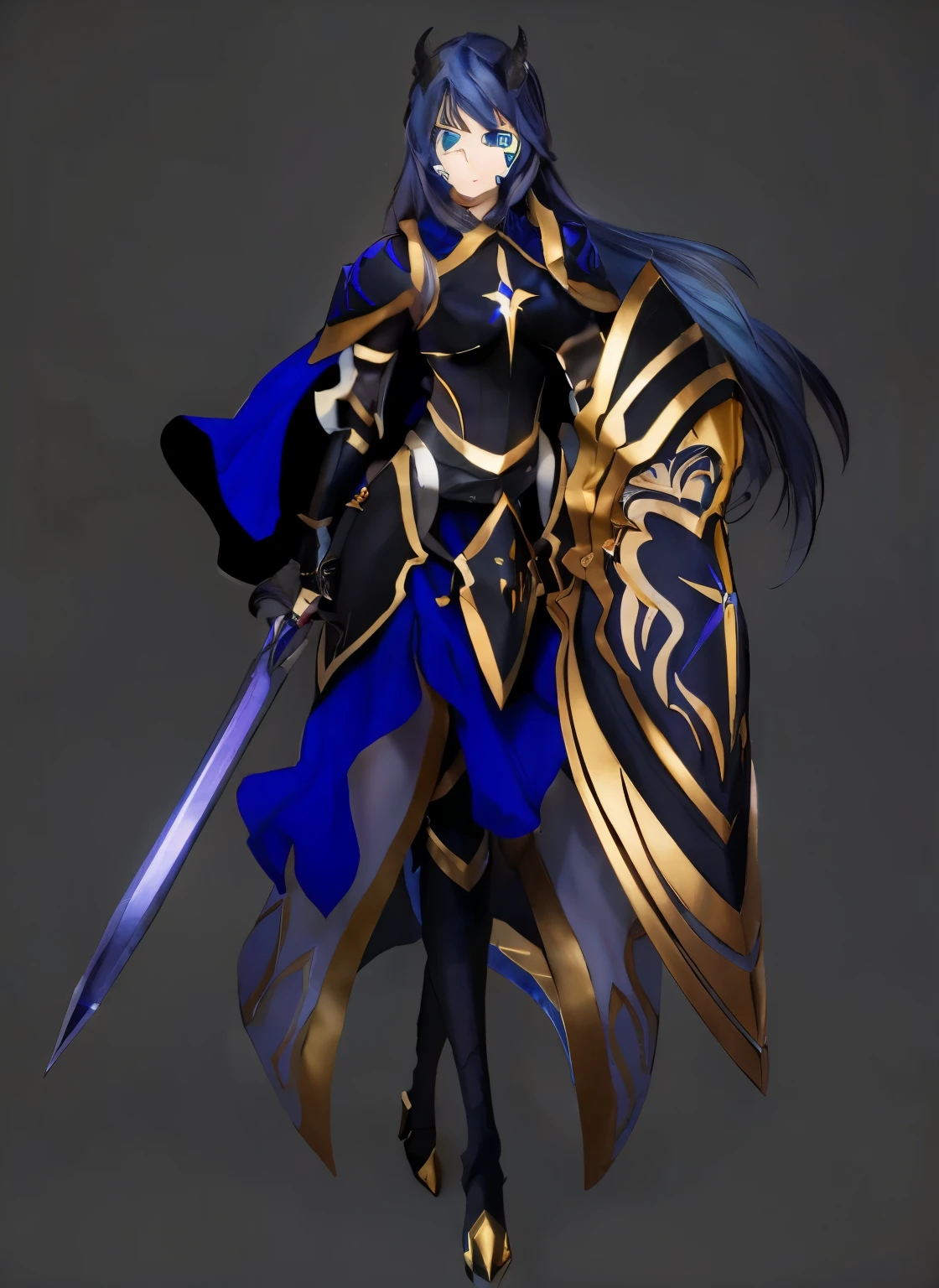 female paladin, dragon girl, black and gold armor, long hair, horns, scales, teal eyes