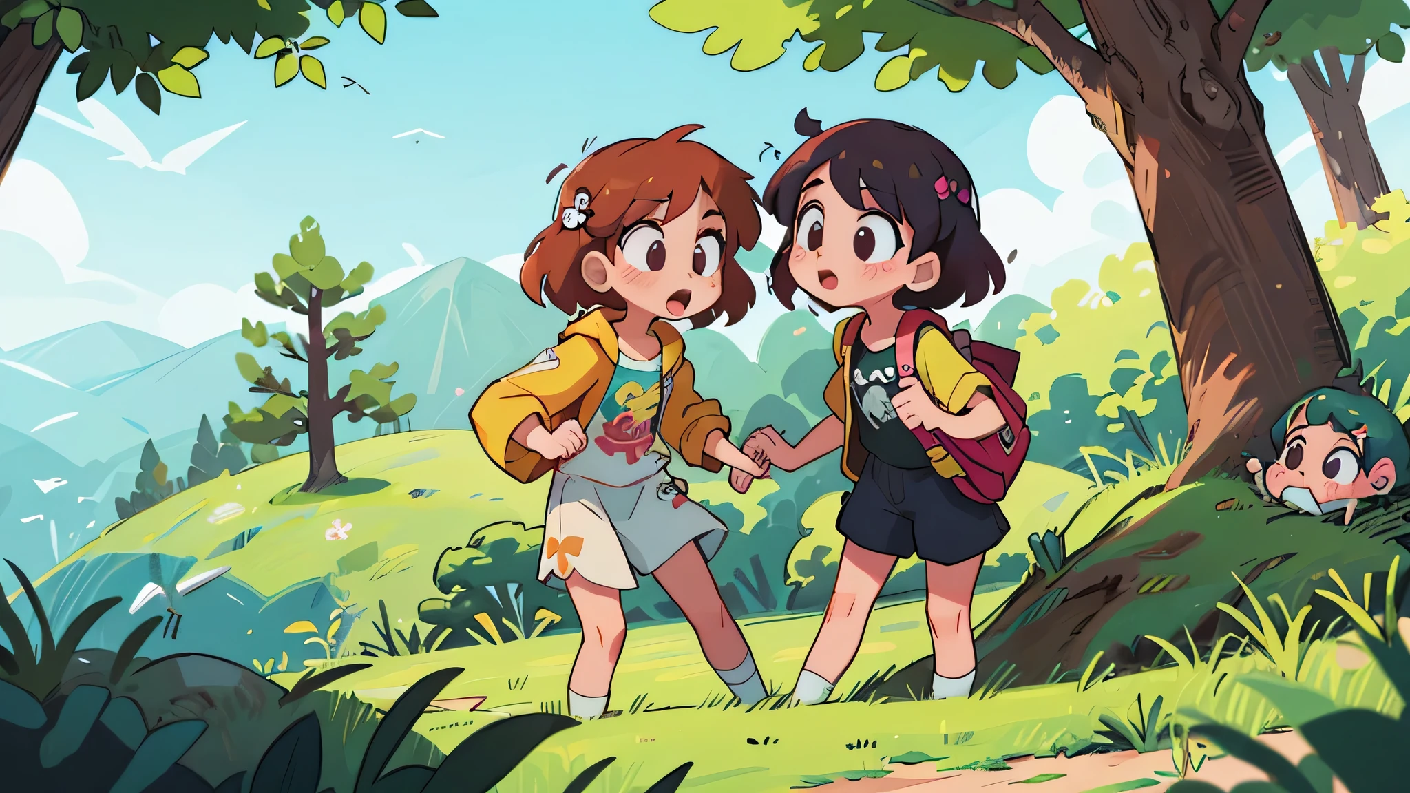 one of the twins behind the tree and the other looking for it - (Two brunette twins, de 5 anos, roupas rosa) Elas aprendem sobre as cores enquanto pintam e exploram o mundo ao seu redor. 