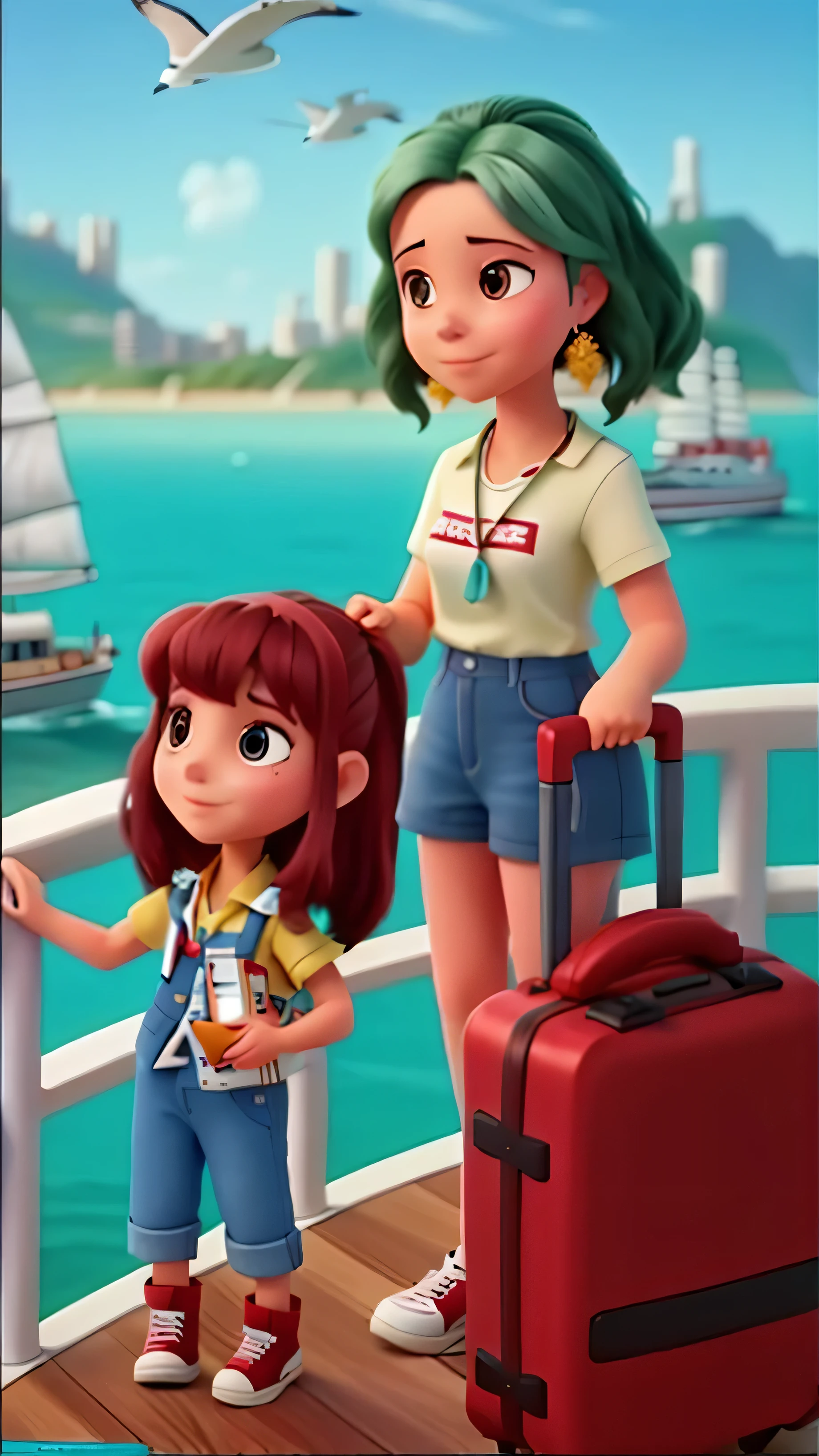 high quality，woman dragging suitcase，The sea in the distance，high-rise，sailboat