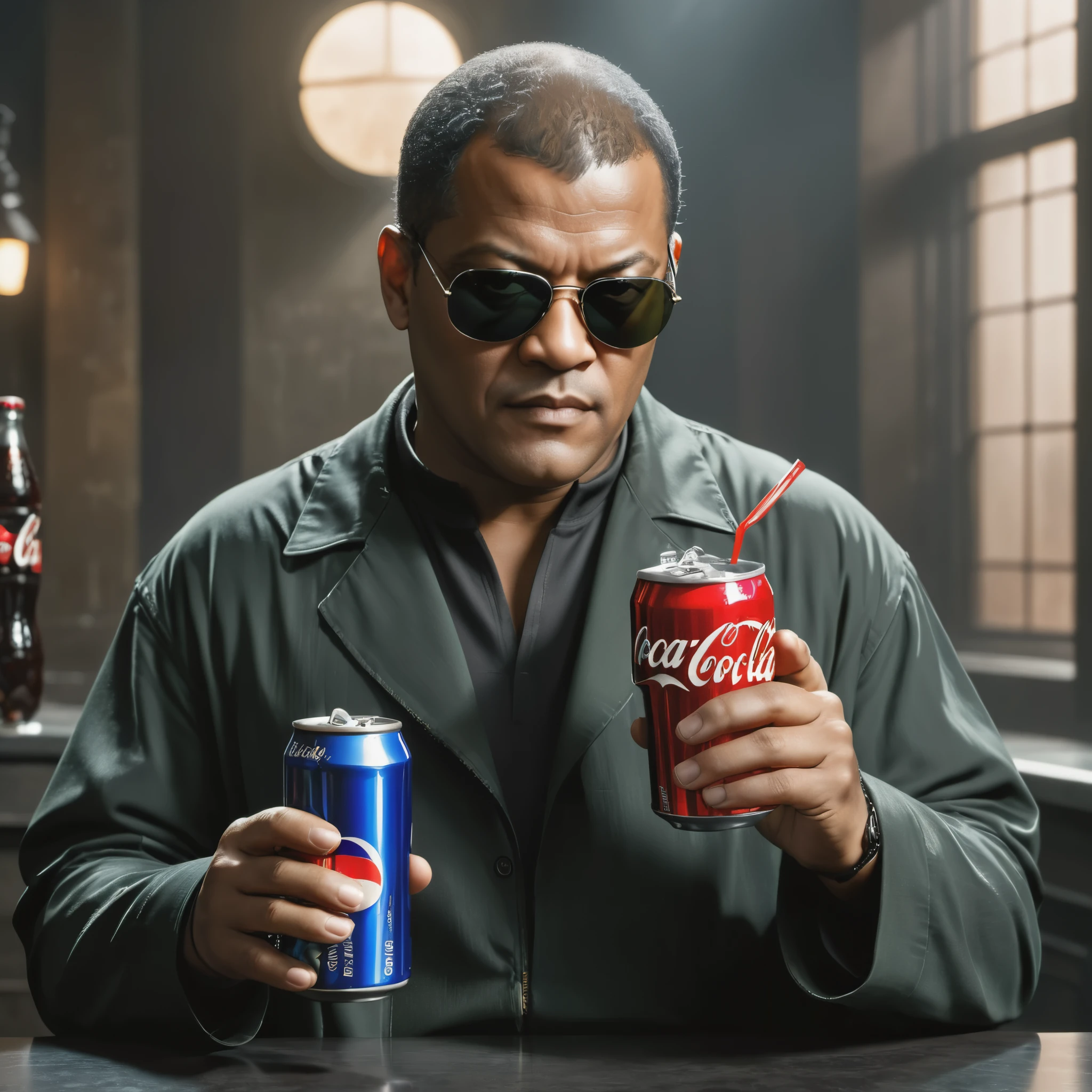 Morpheus presenting a choice of ((two drinks resting on each of his open palms)), can of coca-cola or a can of pepsi, Laurence Fishburne, The Matrix, Reflective glasses,,8K HDR, Studio quality, Cinematic, intense, dramatic,