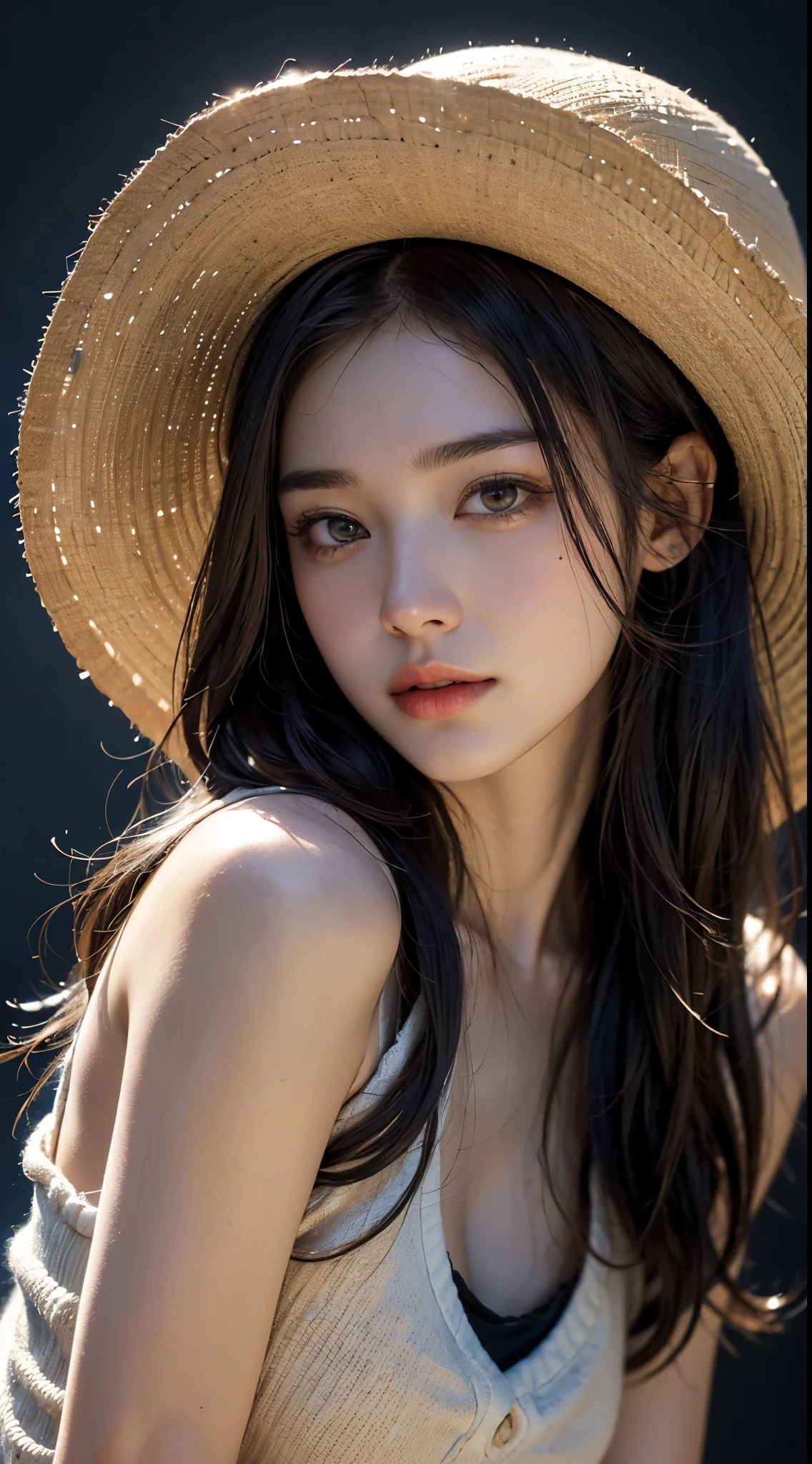 (8K, Raw photo, realistic: 1.25), (lip gloss, eyelash, shiny face, shiny skin, highest quality, ultra high resolution, Depth of written boundary, chromatic aberration, caustics, wide lighting range, natural shading, K-POPアイドル) Stare at the viewer with the calm happiness of a goddess..,Straw hat with a large brim,