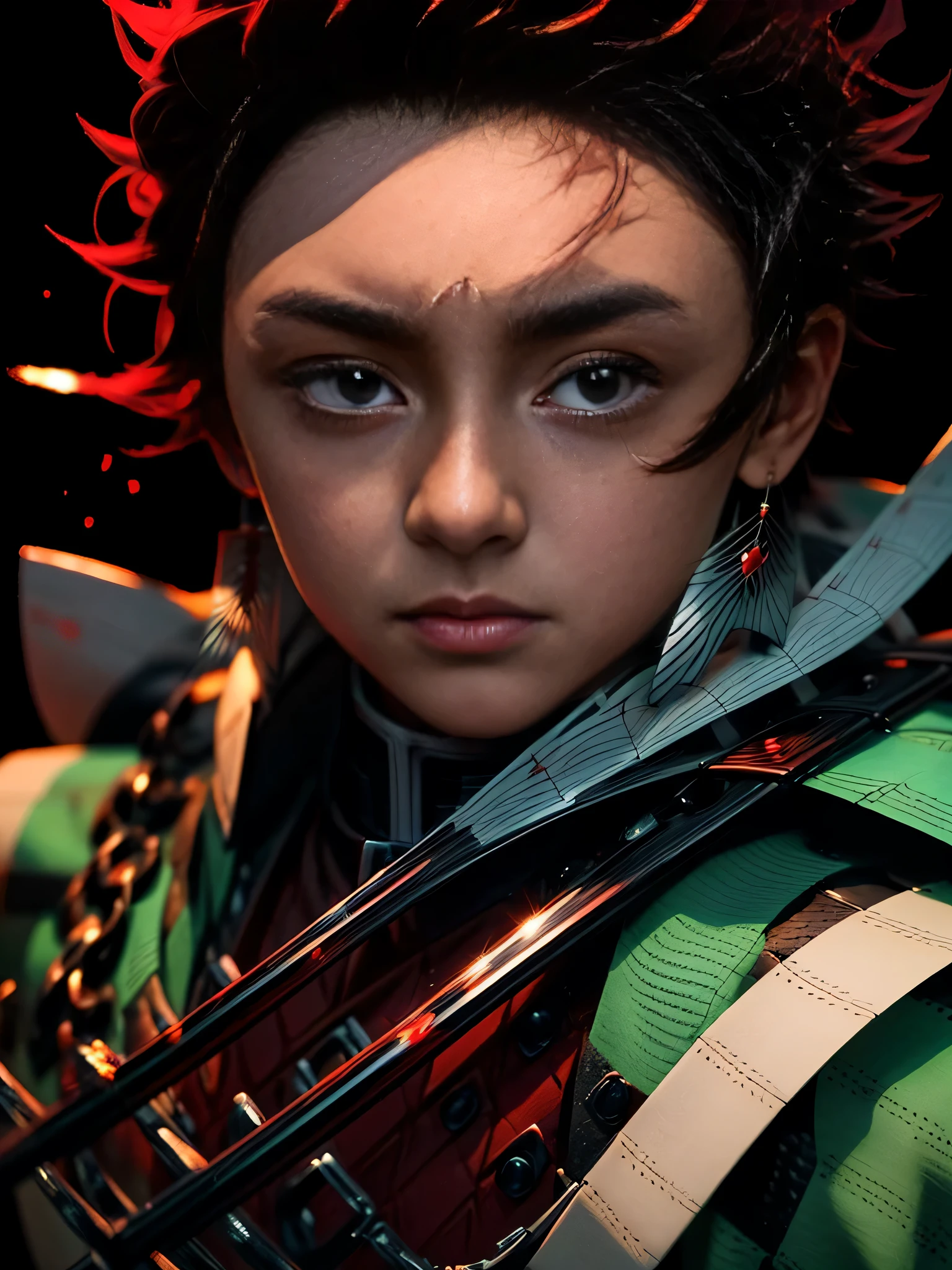 boy, Tanjiro Kamado (( Demon Slayer)), สวมเครื่องแบบ Demons Slayer, conjunctivitis, Mix hair color,, pointy nose , Looking straight at the camera, Shinobu Kosho, realistic, Look straight at the camera., Superb details, textured skin, correct according to anatomical principles, Masterpiece, correct, retina, UHD, best quality, High quality, won, Highly detailed, height, HD, 1080P, full body