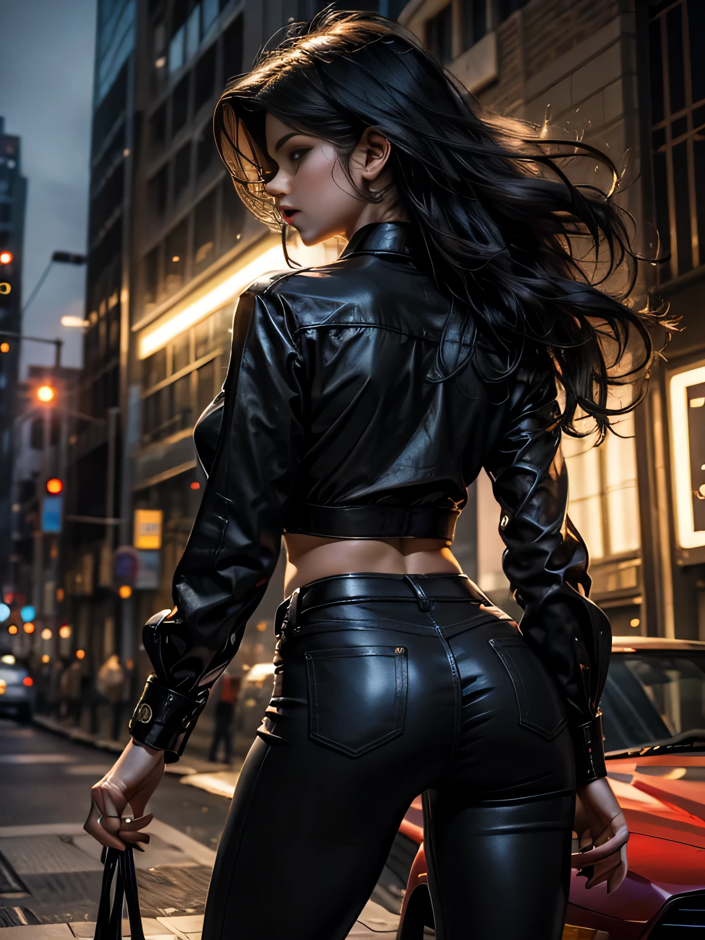 Selena Gomez, long curly hair, gorgeous eyes, high arched eyebrows, seductive look, (low-cut silk shirt:1.3), black leather pants, stilettos, midnight modern metropolis, spot lighting, backlight on hair, shallow depth of field, bokeh, sexy