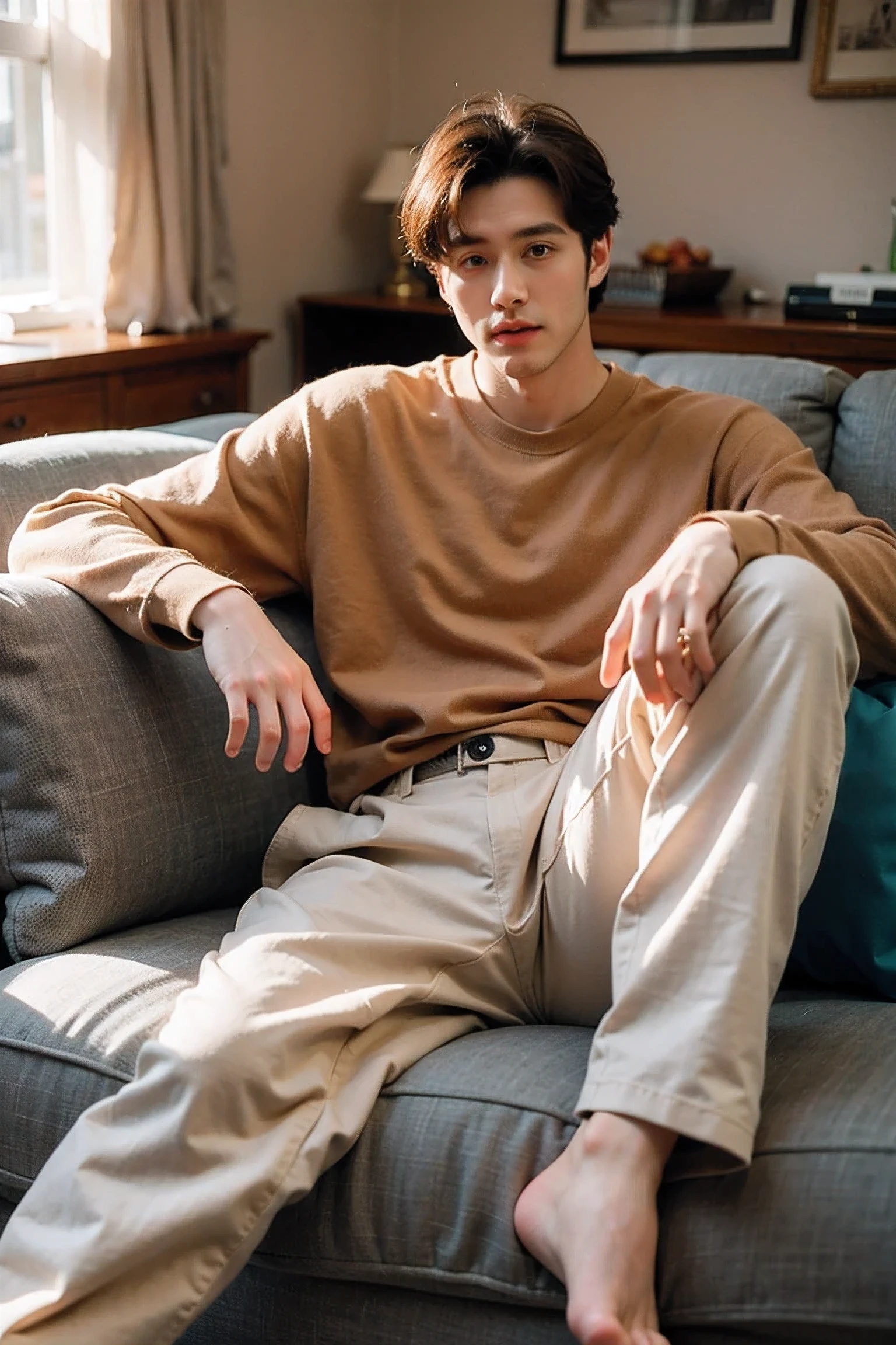 Realistic Photography, Handsome Men ,Brown loose pants clothing , Sit on the sofa,living room