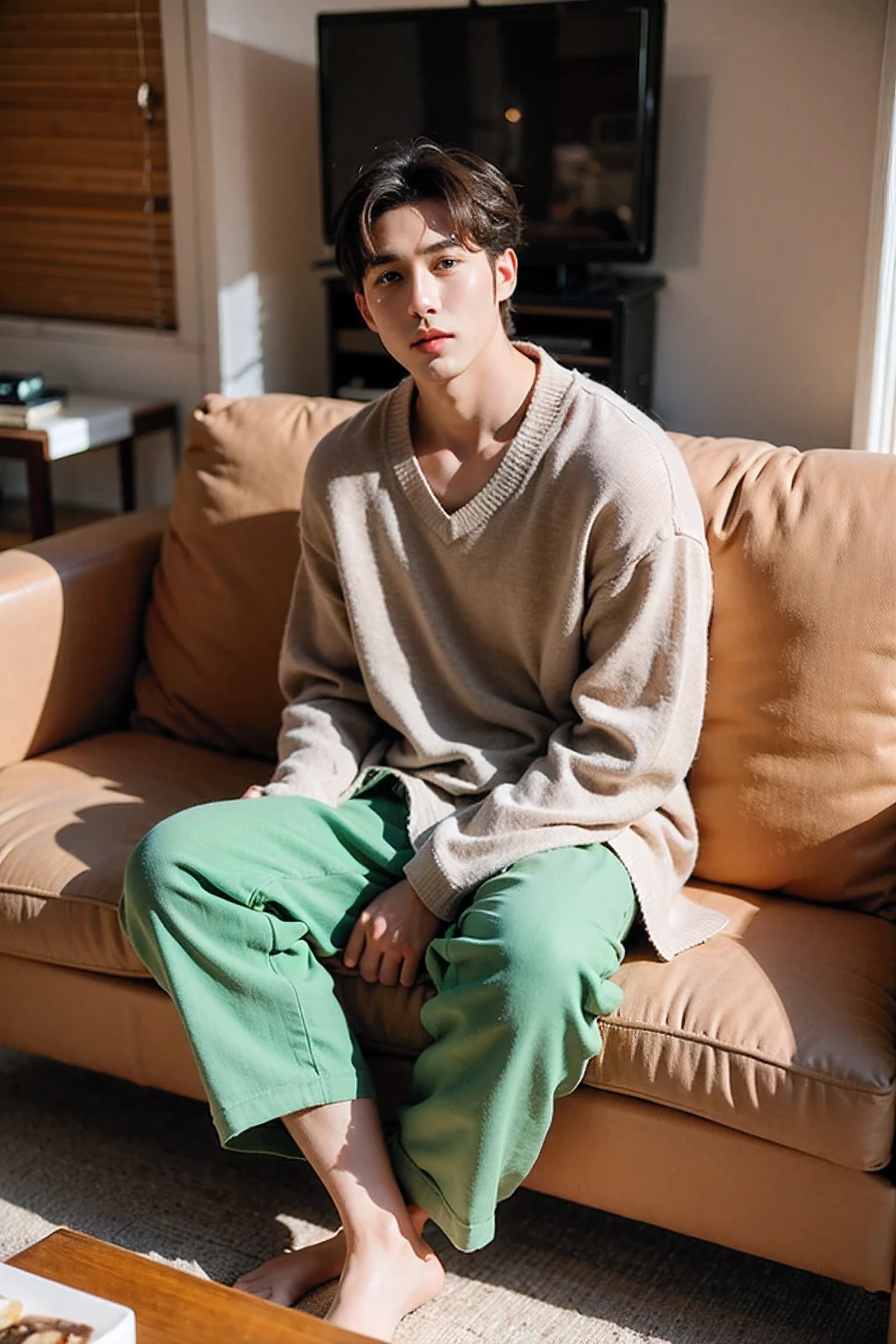 Realistic Photography, Handsome Men ,Brown loose pants clothing , Sit on the sofa,living room