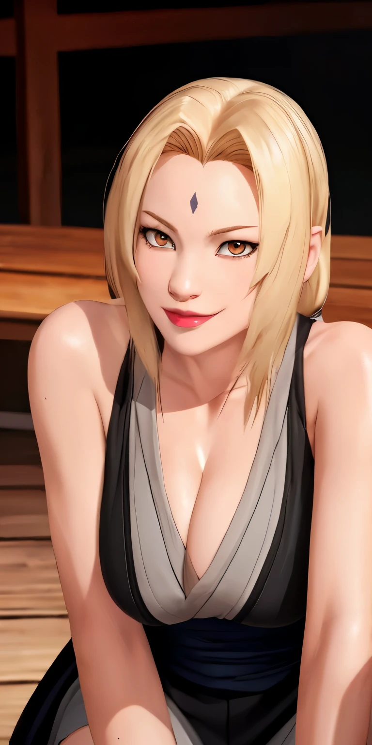 （（（ Tsunade_senju，Young and beautiful，Tall, Beautiful and fair，Perfect facial features，The facial features are tall and beautiful，with fair skin，with a good figure，heroic look，Tsunade, Blonde hair, Large breasts, Mature female,forehead mark，looking at viewert））），((Masterpiece)),A high resolution, ((Best quality))，tmasterpiece，top-quality，best qualityer，（（（ Exquisite facial features，looking at viewert, There is light in the eyes））），（（（Light and shadow interlace，huge boob，white skinned，laughingly，self-assured））），（（（Asian woman in black dress squatting on wooden floor, Ilya Kuvshinov. 4 k'', hyper realistic anime, Realistic anime 3 D style, Photorealistic anime, anime realism style, Anime realism, Realistic anime art style, realistic anime artstyle, Digital Art Ilya Kuvhinov, Kuvshinov Ilya, photorealistic anime girl rendering）））