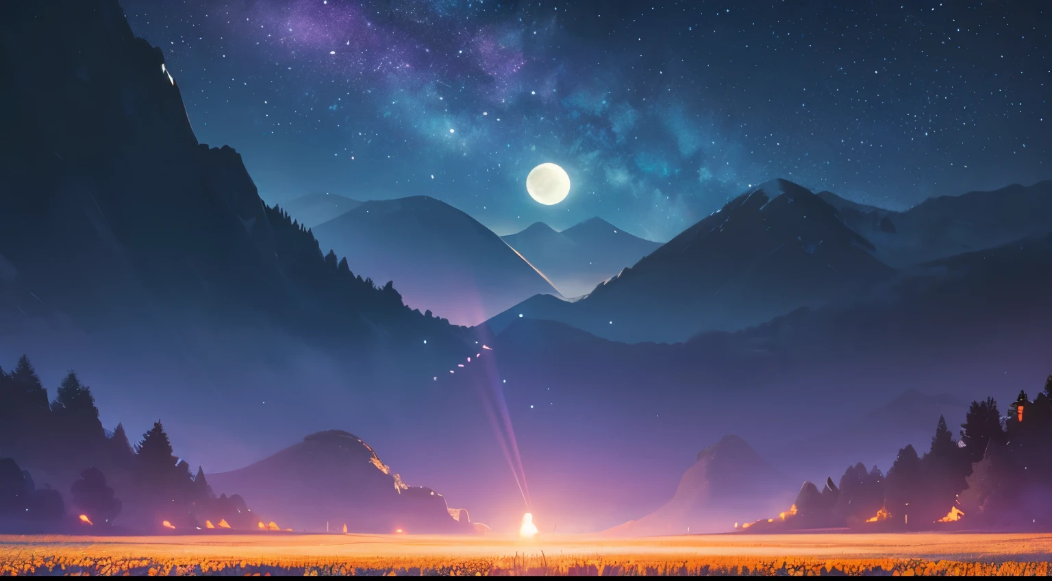 Expansive landscape photograph,(look from down,Above is the sky,Below are open fields),A stood on a flower field and looked up,(moon full:1.2),(meteors:0.9),(Starcloud:1.3),Far Mountain, Tree BREAK making art,(Warm light source:1.2),(glowworm:1.2),lamp lights,Lots of purple and orange,Complicated details,(best qualtiy),4K,ultra - detailed,(dynamic compositions:1.4),detail-rich,plethora of colors,(Irridescent color:1.2),(with light glowing,Atmospheric lighting),dream magical,magical,(solo:1.
