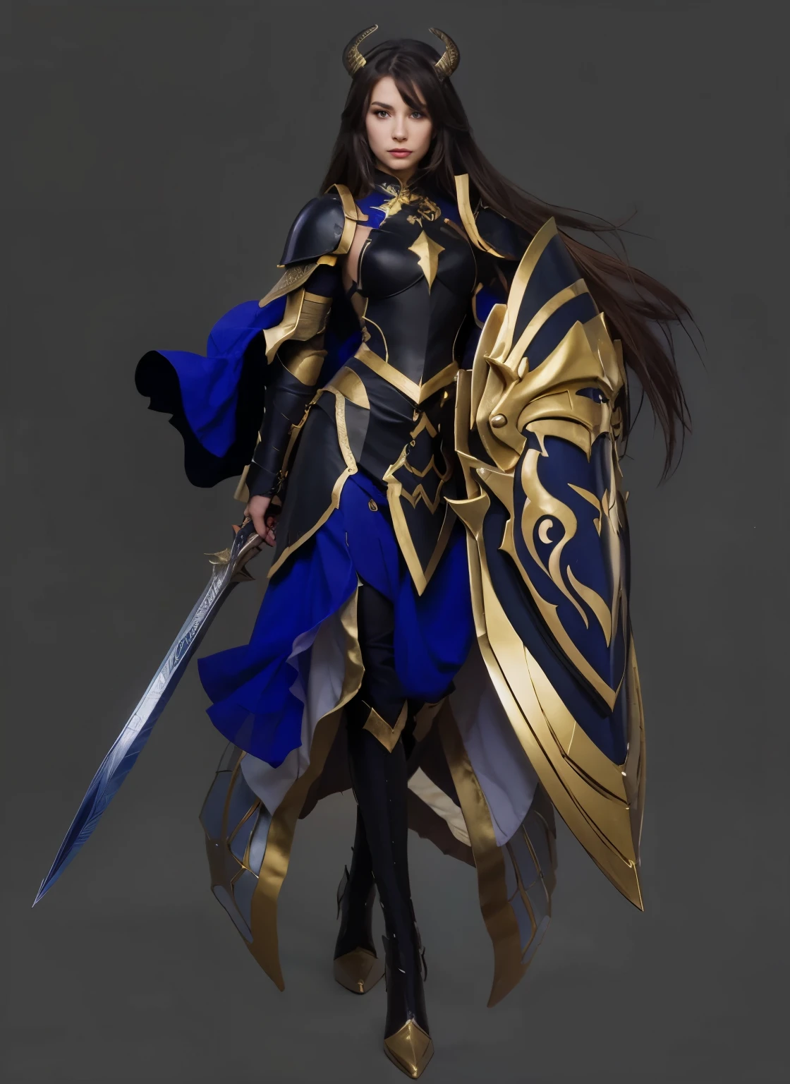 female paladin, dragon girl, black and gold armor, long hair, horns, scales, teal eyes