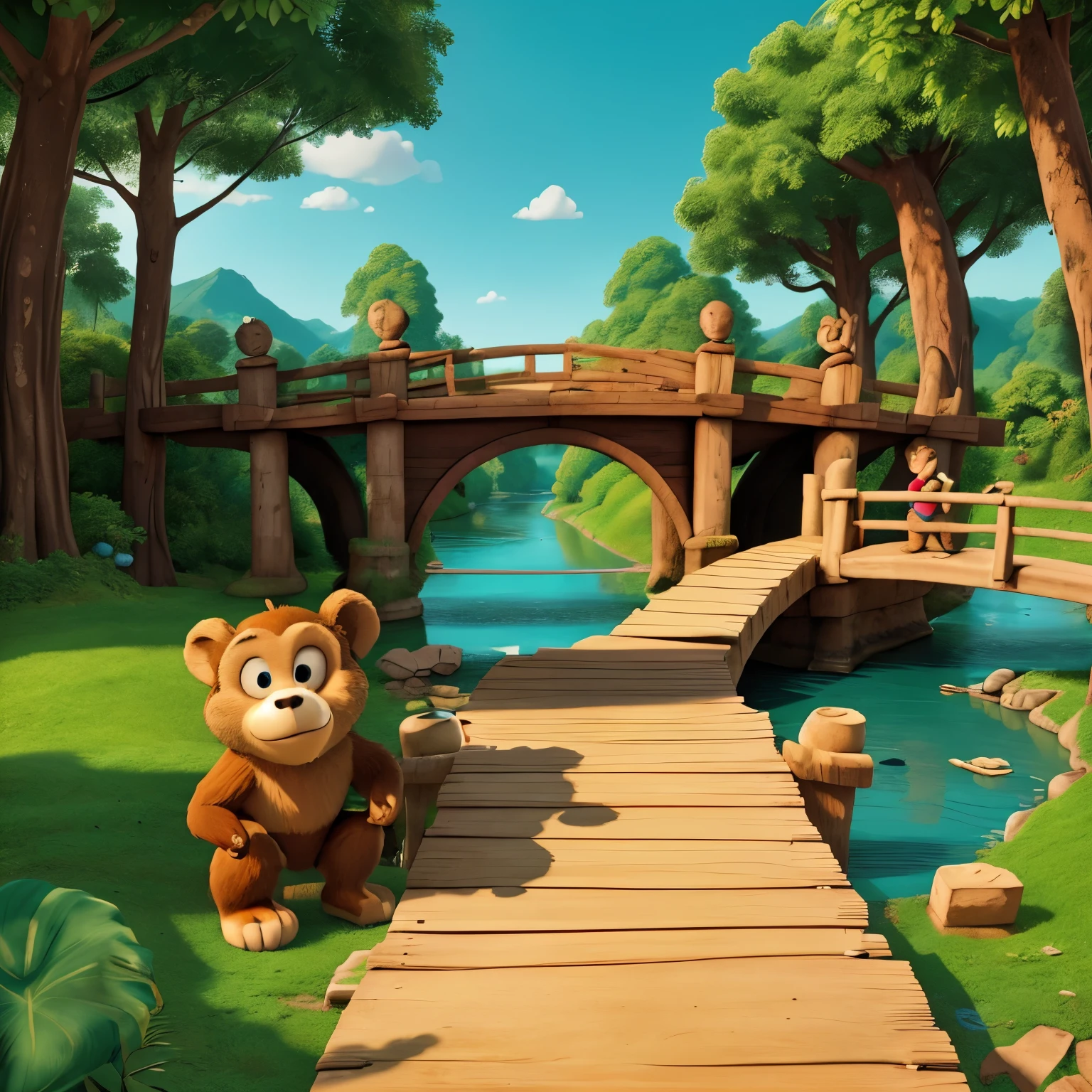 Create a picture of high quality and detailed images of the bear and monkey. Only the bear and the monkey should appear in the image.
Cartoon style images for children.
image of the wide river blocking the path of the bear and the monkey. Show them trying to build a makeshift bridge out of boards. the bridge must be being built by the bear and the monkey