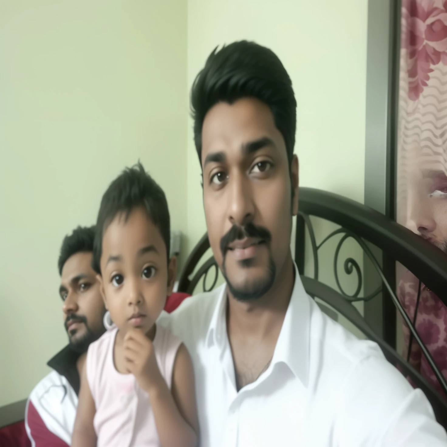 there is a man sitting on a bed with a , father with , with a kid, very very low quality picture, selfie photo, very clear picture, father, profile pic, jayison devadas, daddy, portait photo profile picture,  post, 4 0 years old man, selfie, images, with lovely look, vinayak, ayan nag