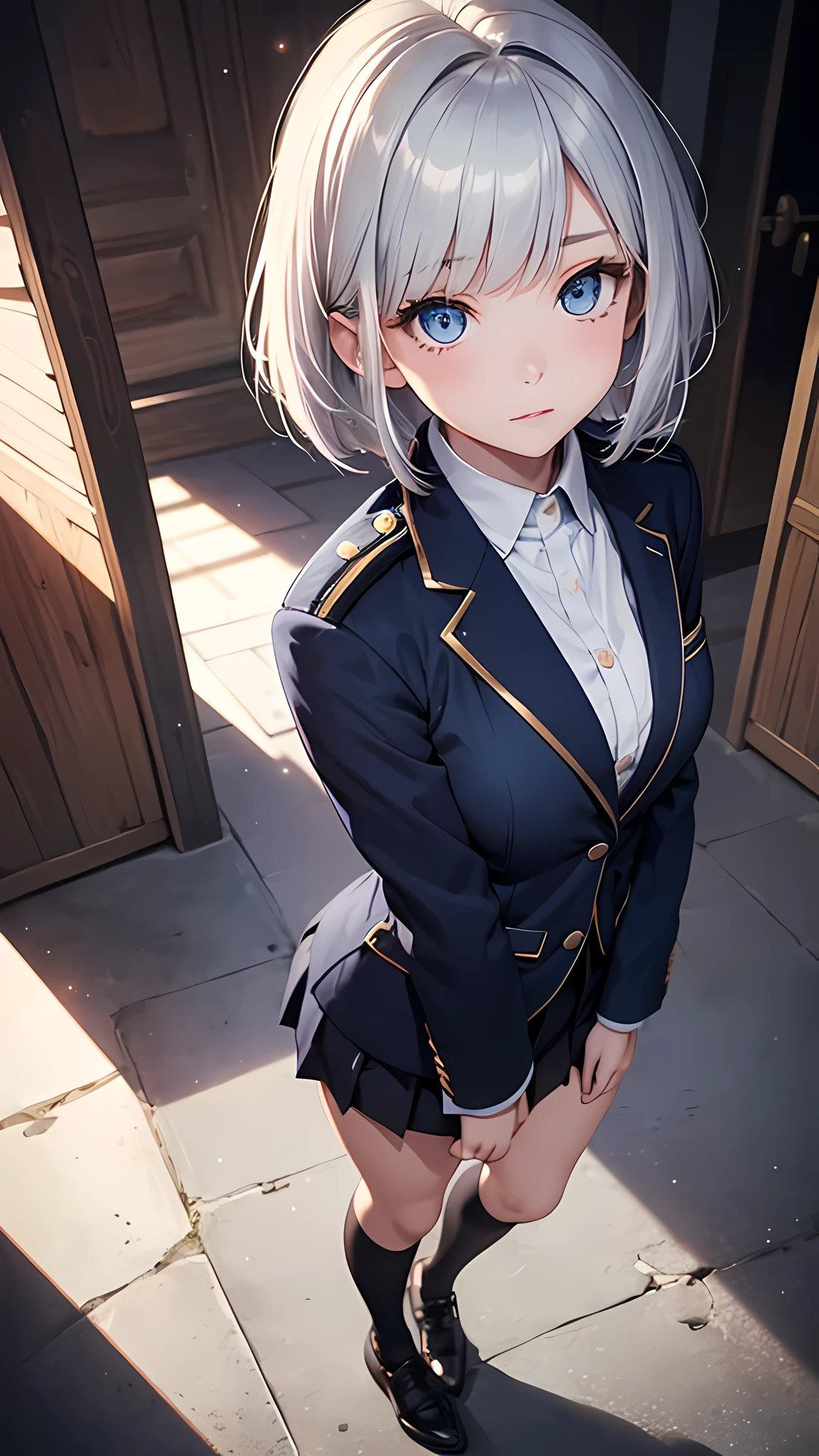 masterpiece、8K、one girl、((Very attractive girl))、19 years old、silver hair、bob cut、blue eyes、from the front、look up here、shyness、From thighs to head、sparkling eyes、Highly detailed eye depiction、blazer type uniform、aerial perspective、