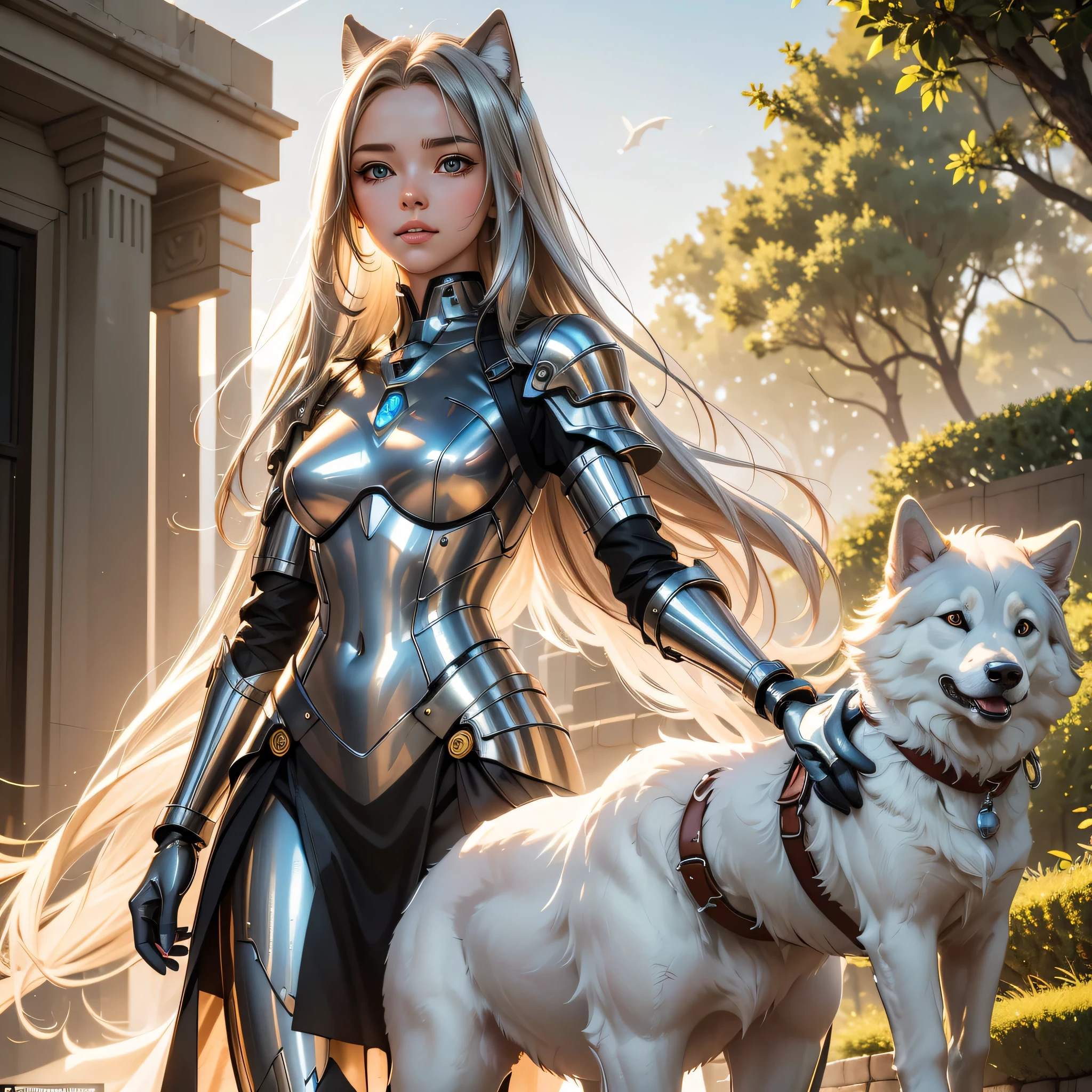 A masterpiece of engineering, the girl android strolls along the park path with a leash in hand, her meticulously crafted frame gleaming in the best quality, high definition of every detail. Her polished metallic surface moves with a fluid grace as she walks, her large, expressive eyes fixed on the canine companion at her side. The dog, a loyal and cherished companion, looks up at her with unconditional love in its bright, sparkling eyes, its soft, fluffy fur coat a stark contrast to the girl android's sleek, metallic exterior. The sun casts a warm, golden glow over them both, the day's gentle breeze ruffling the dog's