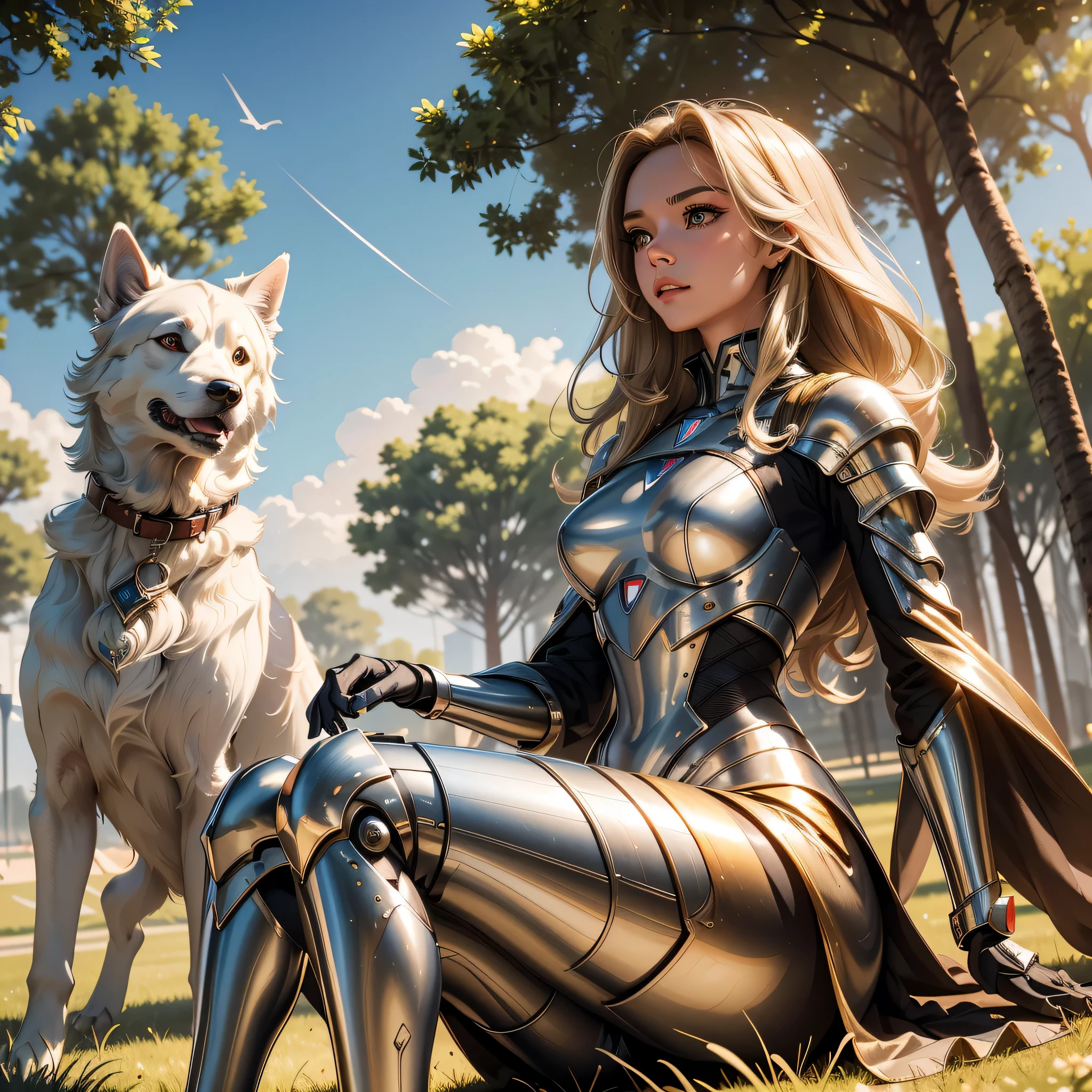 A masterpiece of engineering, the girl android strolls along the park path with a leash in hand, her meticulously crafted frame gleaming in the best quality, high definition of every detail. Her polished metallic surface moves with a fluid grace as she walks, her large, expressive eyes fixed on the canine companion at her side. The dog, a loyal and cherished companion, looks up at her with unconditional love in its bright, sparkling eyes, its soft, fluffy fur coat a stark contrast to the girl android's sleek, metallic exterior. The sun casts a warm, golden glow over them both, the day's gentle breeze ruffling the dog's