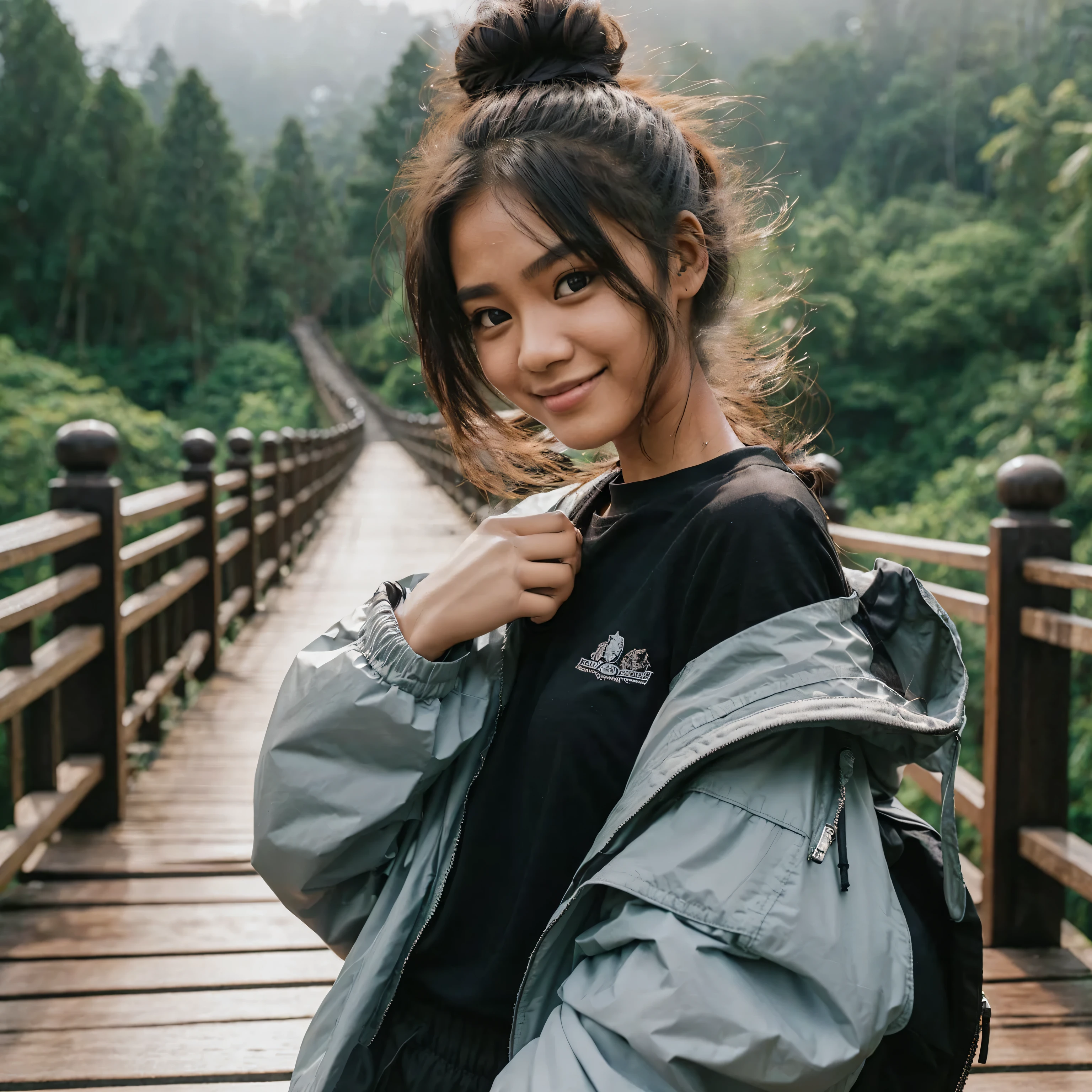 A indonesian girl with hair in a bun, wearing a Windbreaker Jacket top and black t-shirt and black pants, posing on a wooden bridge. He holds on to the railing and looks back at the camera with a smile. In the bridge and a lush green forest background