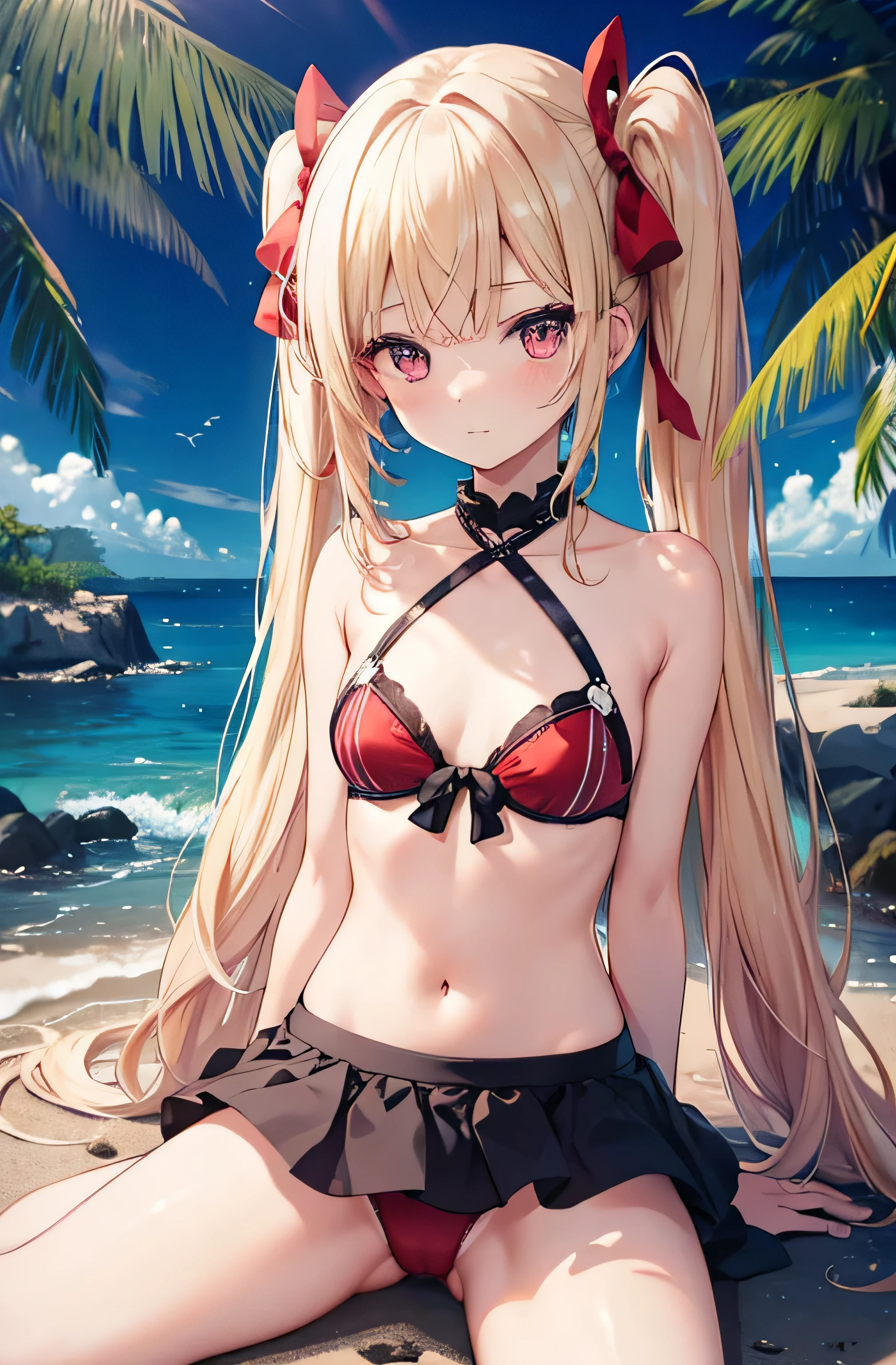(((highest quality)))、Beauty、blonde、semi-long、Fair skin、red eyes、Tree eyes、small breasts、delicate、pink bikini、Ocean、twin tails、shy、wet、swim、bend over、spread legs、Put your hands on your thighs.、Seduce、Pretending to give a 