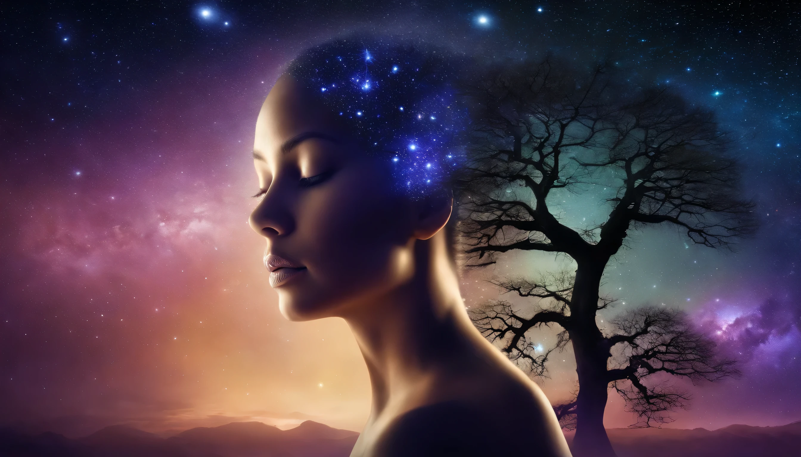 Human face in deep meditation, tranquility, Bright and subtle aura, blue and purple universe, Stars and galaxies, soft, heavenly clouds, Connectivity, earth roots, tree branches into the starry sky, yellow tint, tranquility, harmony of the universe