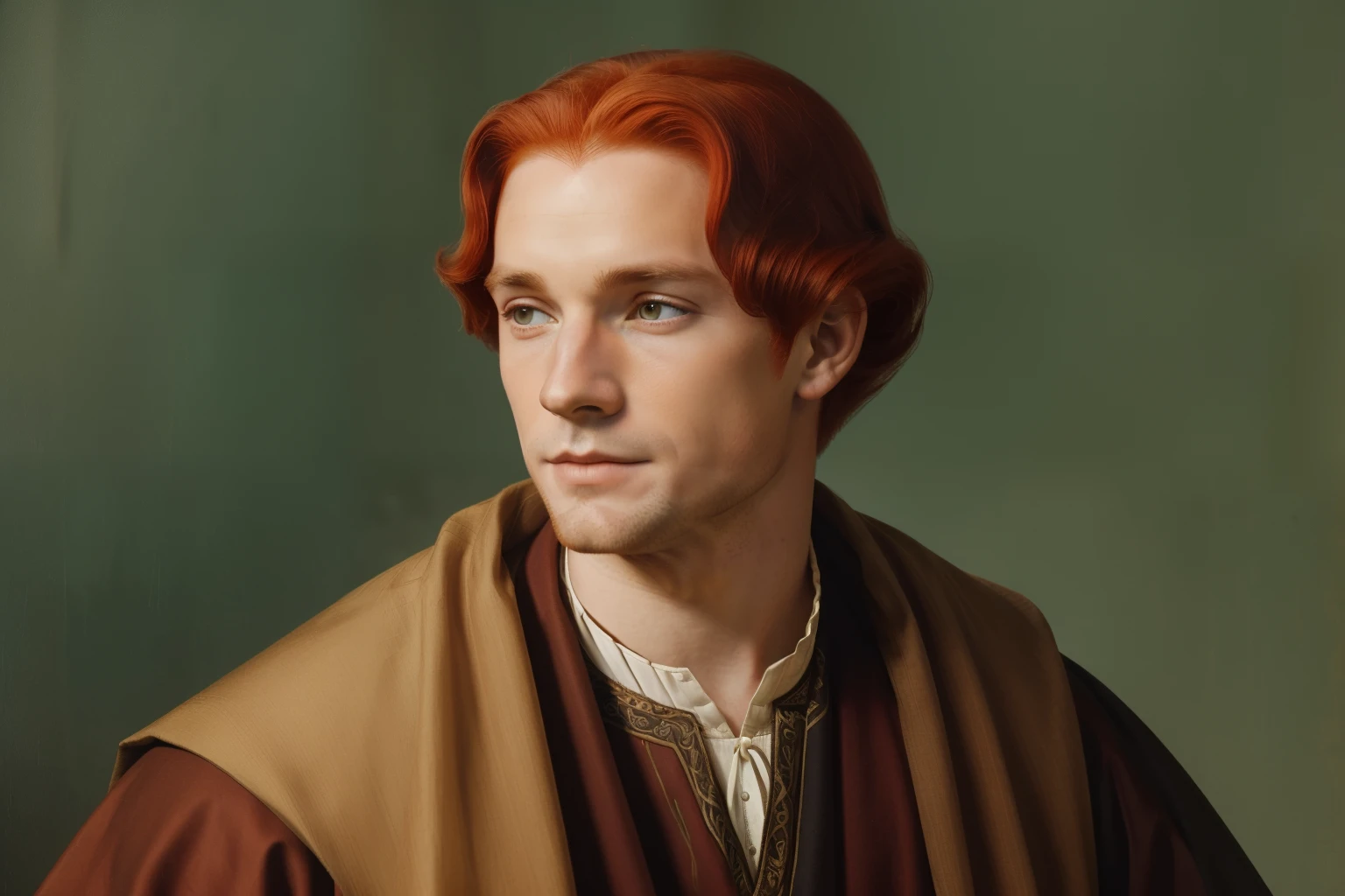 England, 1349. ((((33-year-old)) Merthin Fitzgerald)), handsome, athletic, ((concealed smile)). ((((clothings from the 1340s)))), ((redhead hairstyle of the 1340s))