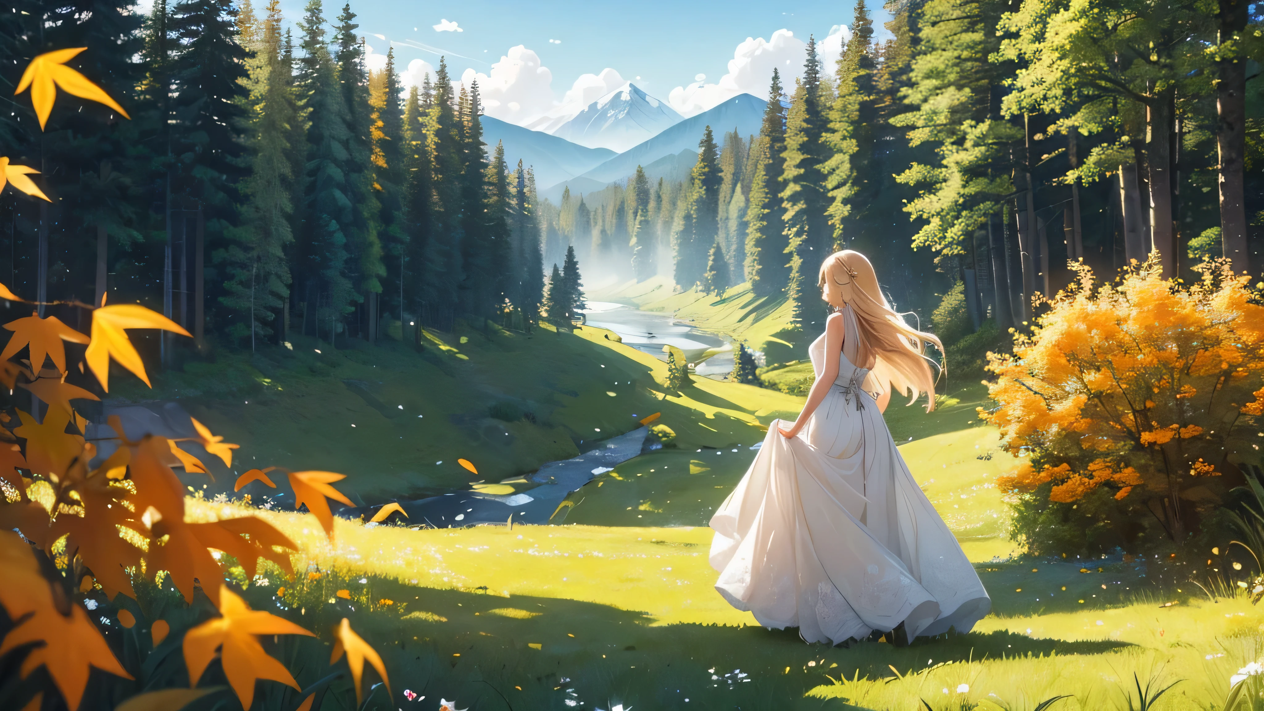 A woman with long blond hair stood on the grass covered with flowers., Long hair flowing in the wind, Wearing a white sleeveless dress,The skirt flies with the wind,
with a loving expression, She looks towards her destination.
(break behind her), An orange-yellow maple forest extends into the distance, The leaves fly with the wind, There is a clear river next to it, Mountains rise in the distance.