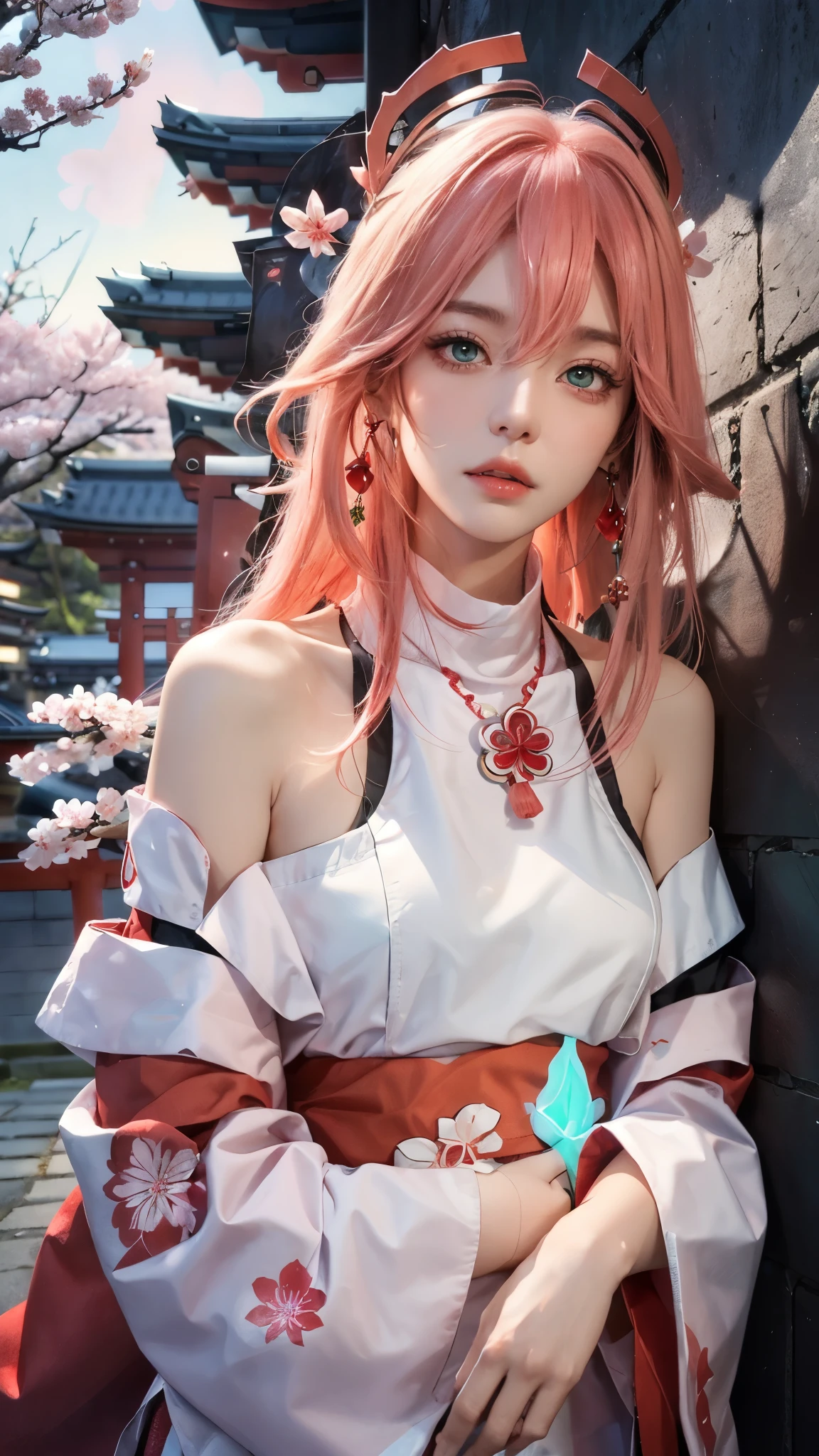 (masterpiece, superb style, 1 girl, alone, intricate details, Color difference), realism, ((medium breathing)), bare shoulders, long pink hair, red headdress, red highlight, hair above one eye, green eyes, earrings, sharp vision, Perfectly symmetrical figure, collar, neon shirt, open jacket, turtleneck sweater, against the wall, brick wall, doodle, dim lights, alley, looking at the audience, ((meaning is, Tempting, charming)), (((Sakura background))), (( Japanese temple background))), (((glowing background)))