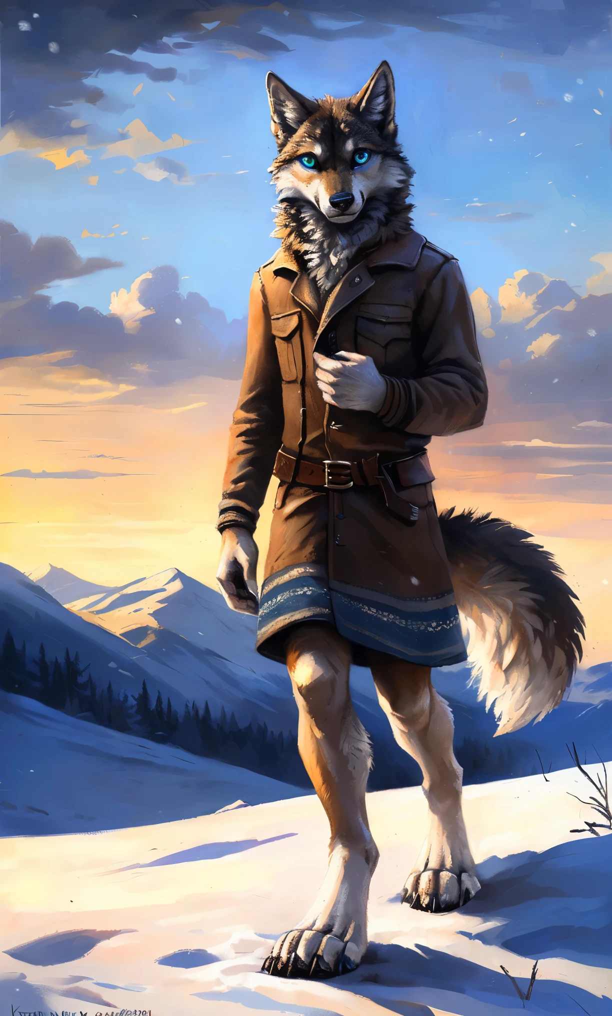 ((Solo)), male people, anthro wolf, (Multi-colored fur, White-brown:1.3，White tail pointed), (Height 2.1m,Tail length 1.2m), ((Wolf face, Big eyes, White eyelids, Blue pupil, Slim:1.2) (Tough, Calm expression:1.2)), Slim, pinging)), (Correct ???????), (Winter clothing:1.1), The upper body  naked, (detailed outfits),A long big tail，Feet，(Realistic fur, Detailed fur texture, labeled:1.3)), (Natural lighting), Photorealistic, Hyperrealistic, ultradetailed, by Kenket，Snowfield，erect through，Running on