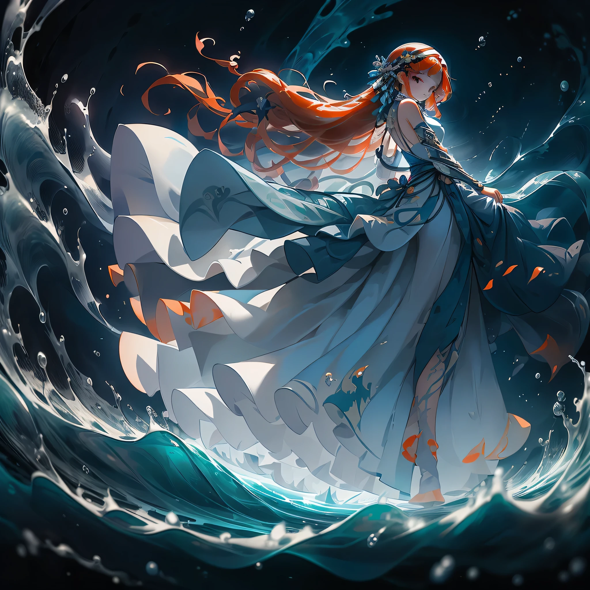 (Masterpiece, Best Quality), ((One Girl, Solo, Long Hair: 1.2), Ishmael-limbus), Innocent Expression, Bare Arms, Bare Shoulders, Bare Neck, Watercolor Technique, Sundress, Liquid Clothing, Water, Waves, Water Dress, Blue Theme, Night, Mist, Dark Atmosphere, Sharp Focus, Sea, Transparent Dress, Orange Hair Flowingly Waving in the Breeze.

The masterpiece unfolds an ethereal scene of a lone girl named Ishmael-limbus, surrounded by the still, mirroring waters of a tranquil bay at