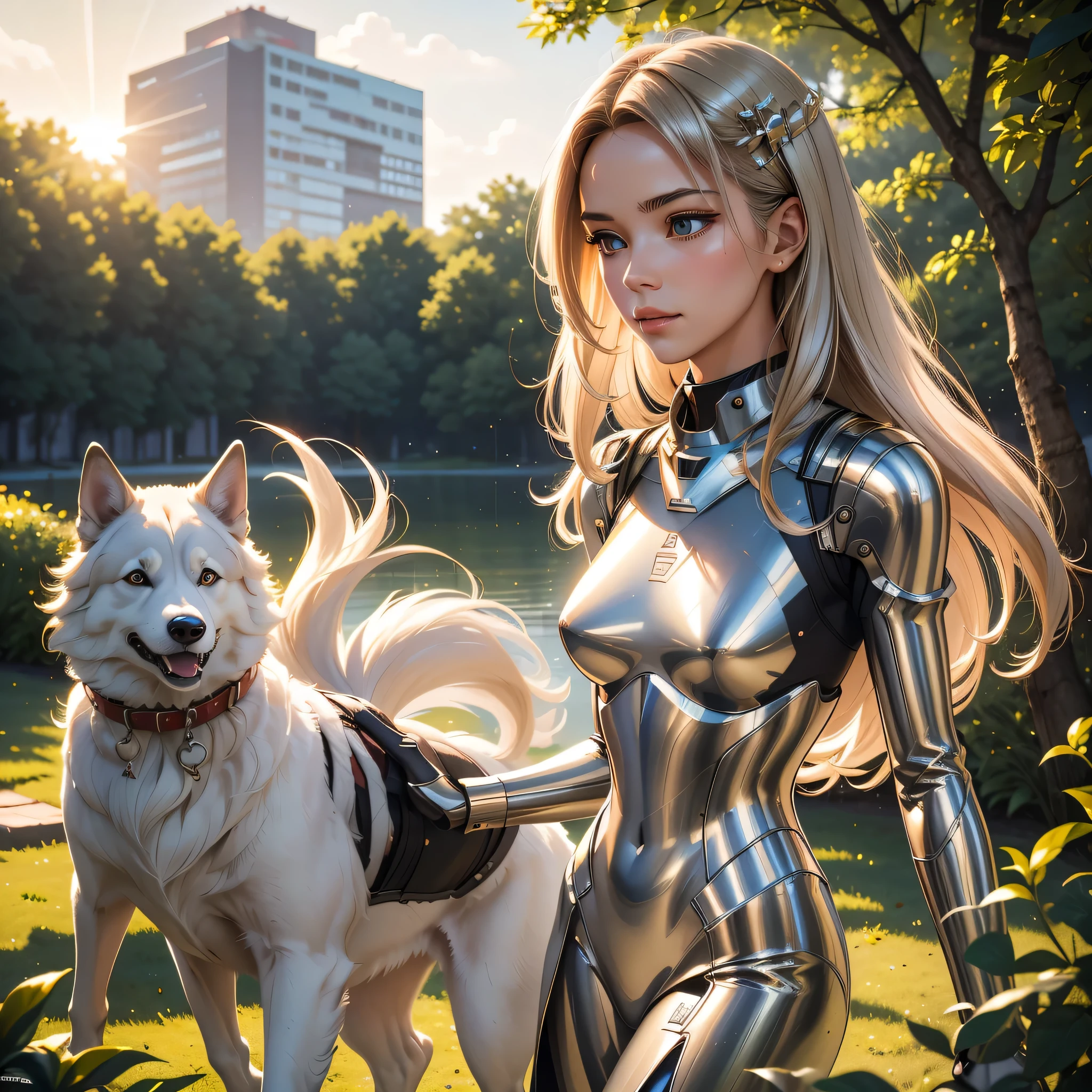 A masterpiece of engineering, the girl android strolls along the park path with a leash in hand, her meticulously crafted frame gleaming in the best quality, high definition of every detail. Her polished metallic surface moves with a fluid grace as she walks, her large, expressive eyes fixed on the canine companion at her side. The dog, a loyal and cherished companion, looks up at her with unconditional love in its bright, sparkling eyes, its soft, fluffy fur coat a stark contrast to the girl android's sleek, metallic exterior. The sun casts a warm, golden glow over them both, the day's gentle breeze ruffling the dog's