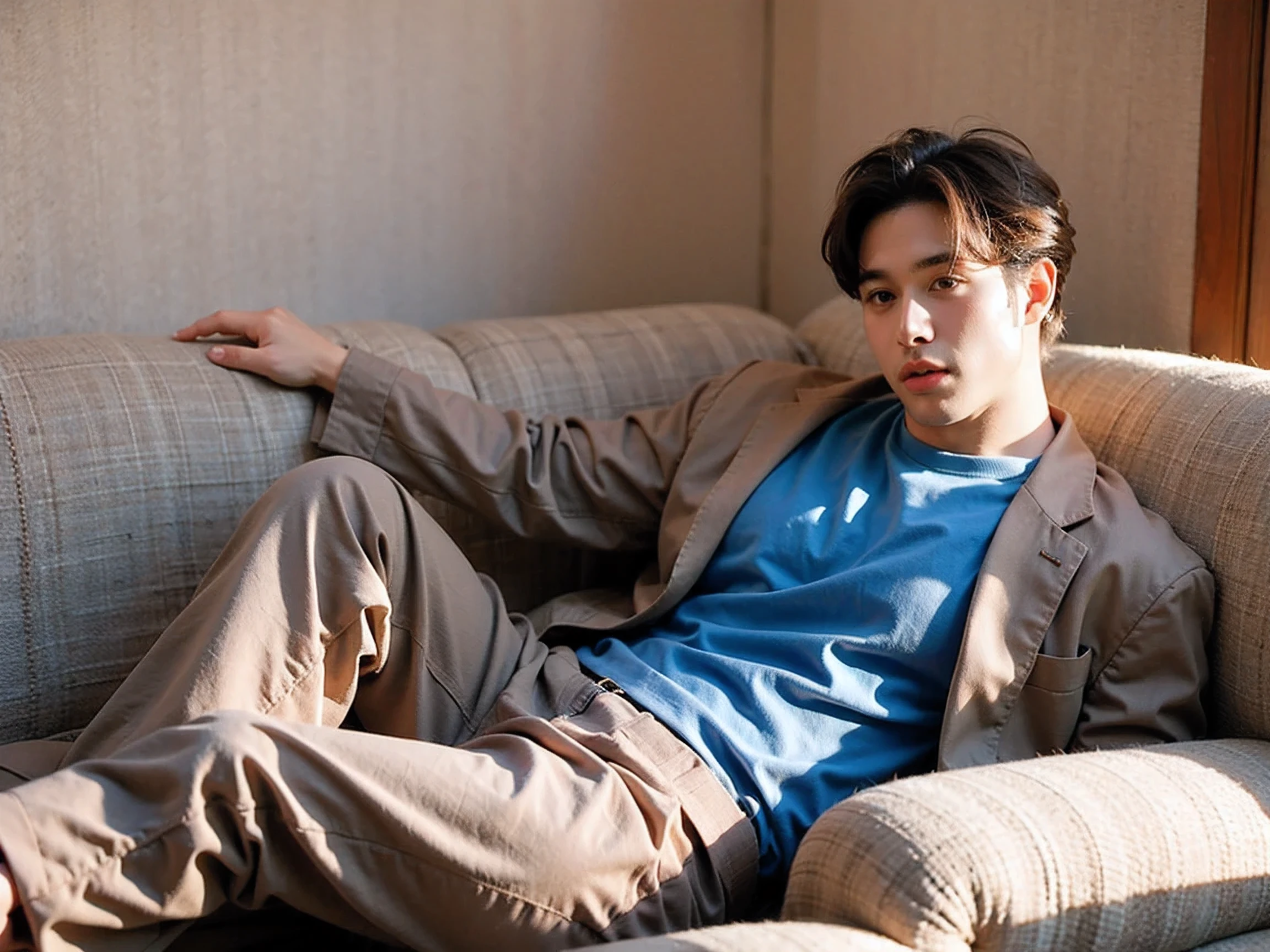 Realistic Photography, Handsome Men ,Brown loose pants clothing , Sit on the sofa,living room