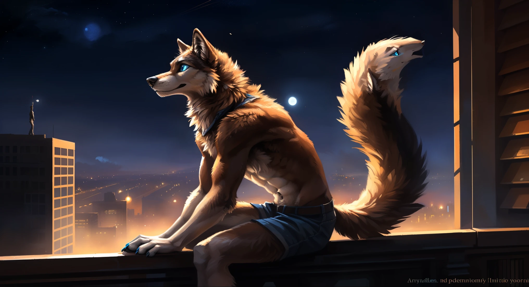 ((Solo)), male people, anthro wolf, (Multi-colored fur, White-brown:1.3), ((Wolf face, Big eyes, White eyelids, Blue pupil, Slim:1.2) (Tough, Calm expression:1.2)), (Height 2.1 meters,Tail length 1.5m), Abs, Slim, pinging, (Correct anatomy), (Contour bone:1.2), The upper body is naked, (detailed outfits), a long large tail，Feet，(Realistic fur, Detailed fur texture, labeled:1.3)), (Natural lighting), Photorealistic, Hyperrealistic, ultradetailed, by Kenket，In the modern city，Roof，the night，Sit alone，Look at the full moon，It was dark，Starry