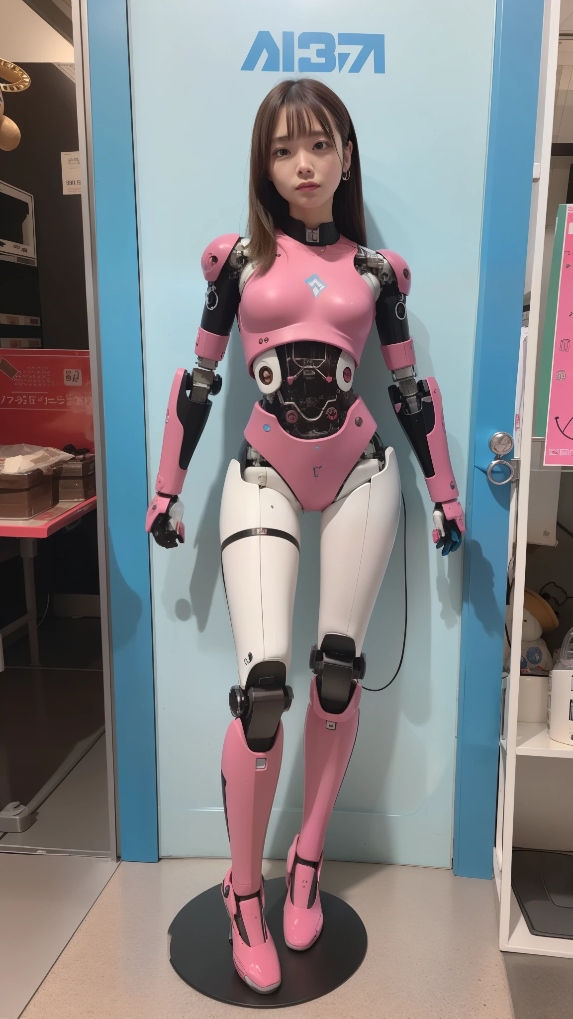 cyborg, pink there, Silver, Metallic body, Robot Parts, Metal Parts, Super Detailed Face, Super well-formed face, of the highest quality, a small face, a small head, full body, Brown hair, Slender body, Camera gaze, Internal Mechanical Exposure, Idol, Well-proportioned body, gravure, Photo session, Akihabara, Moe Pose, Standing with legs open, Model body type, sad, Embarrassing,(Perfect Robot Girl),(Perfect machine body)