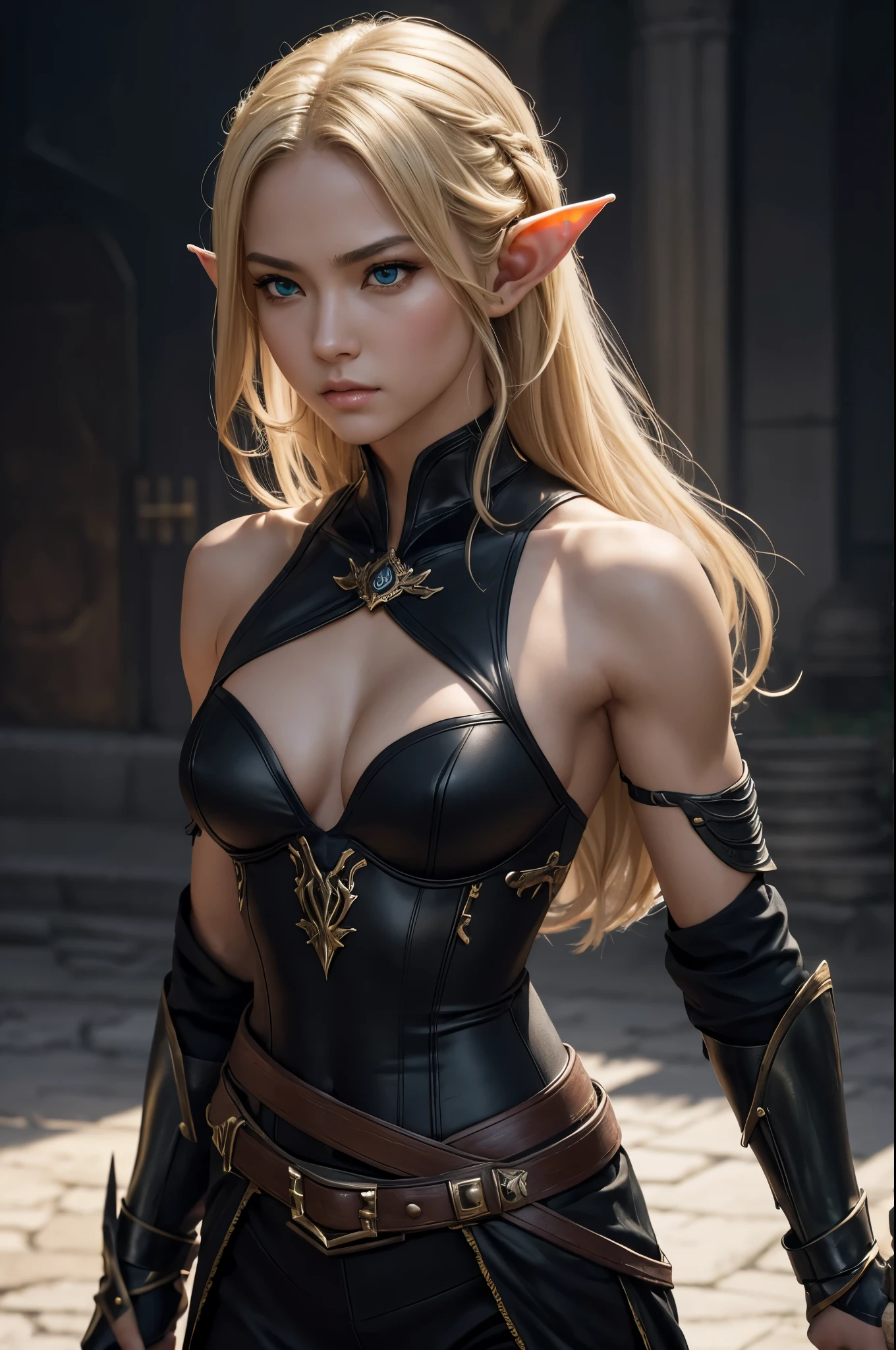 8K,An elf woman who is the vice-commander of the Knights of the Brave.,Super beautiful(like the real thing),green eyes,elf ears,blonde straight hair,muscular slim body,strongly cracked abdominal muscles,luxurious black exterior,luxury black combat pants,anger,long slit eyes,masterpiece,Photorealistic RAW photos of the highest quality。bright colors,rich colors, Backlight, cinematic lighting, film grain, to be born, 50MM lens, Nikon D850,realistic skin,fantasy art,character art,ultra high resolution,realistic scale skin,Perfect hand shape,view audience,beautiful expression,comb one's hair,very small breasts,豪華な黒いvery small breastsの胸鎧,luxurious black shoulder armor,luxury black gauntlets,luxurious black waist armor,luxury black leg armor,view audience,thin chest plate,perspective from above,Close-up,sharp gaze,Dynamic action scenes,Forms of anger,