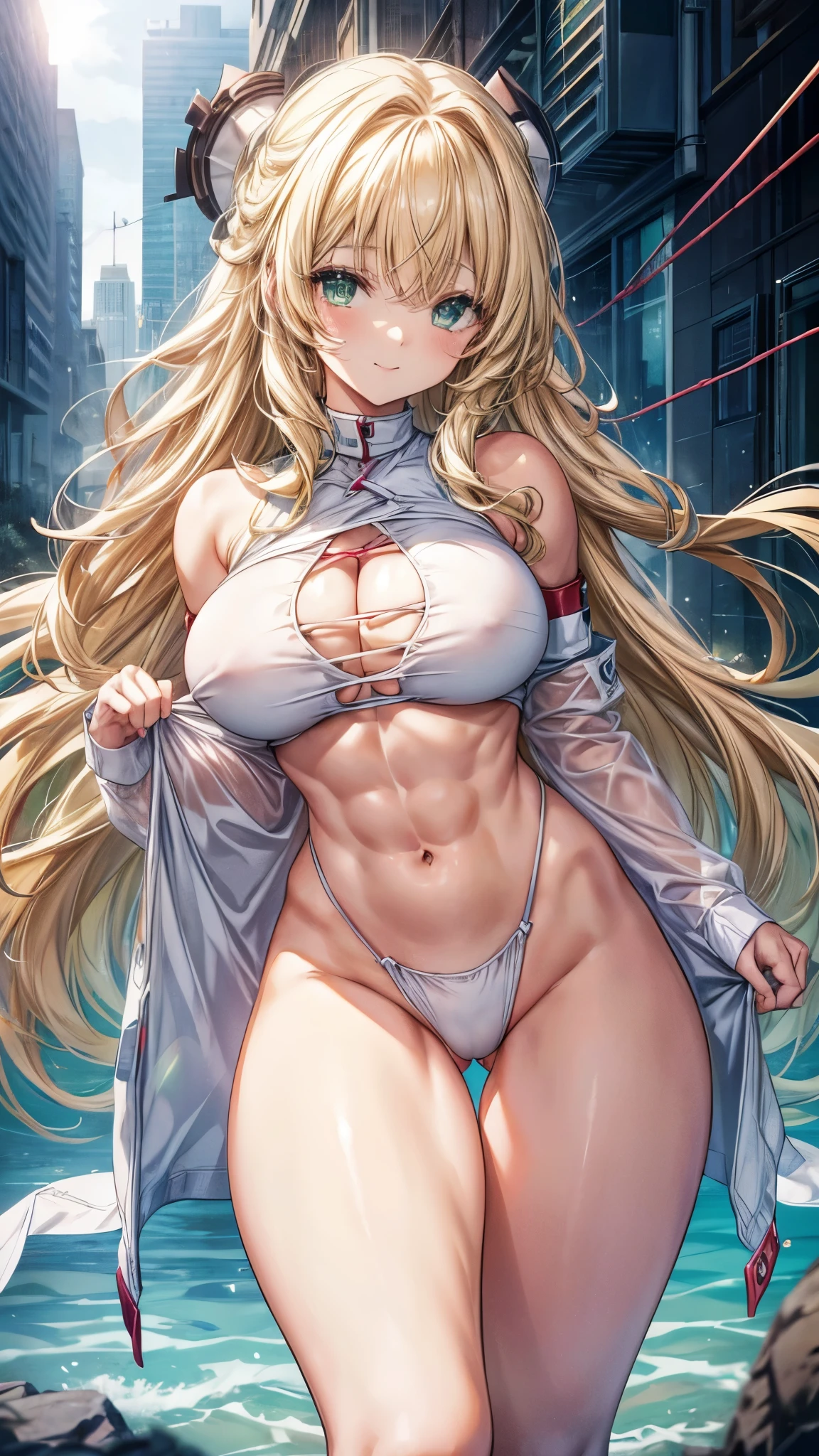 ultra-detailed、sensual, ((long blonde curly hair)), thick thighs, 8K, 4k, highest quality, High resolution:1.2), cute anime face, noise reduction, ((Glowing green eyes, gentle smile, kind eyes))、toned abdominal muscles, muscular arms, muscular legs,  young face, anime eyes, (((big breasts、A chest that is about to burst)))、(((bondage style)))、(((Rear view、I&#39;ll turn around、emphasize the buttocks、T-back that digs into your butt)))、(((white string:1.5)))